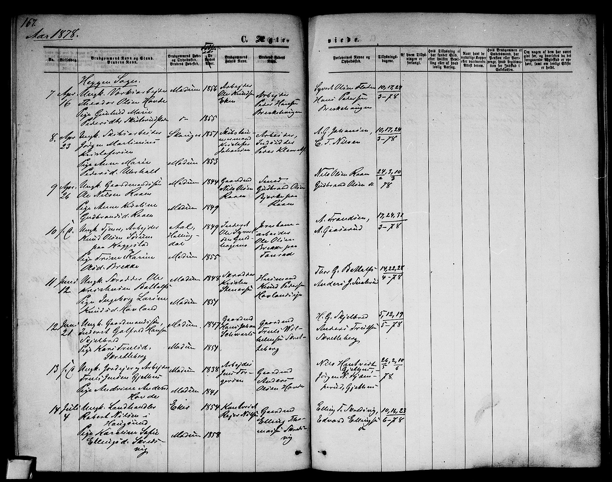 Modum kirkebøker, AV/SAKO-A-234/G/Ga/L0007: Parish register (copy) no. I 7, 1869-1878, p. 167