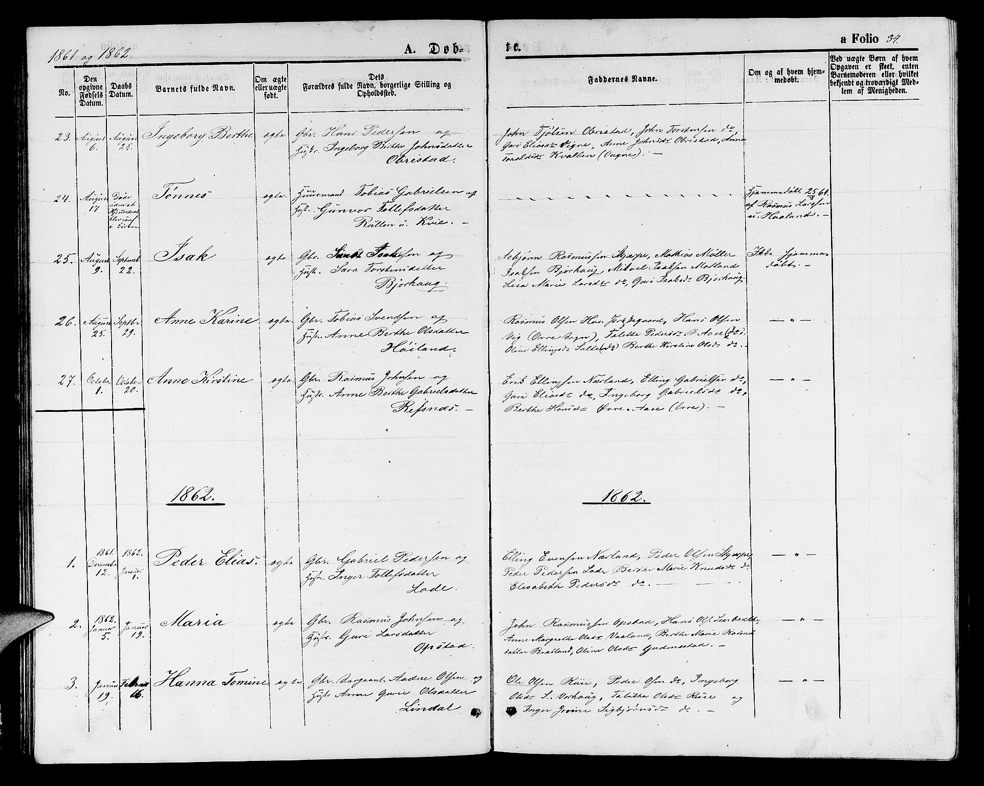 Hå sokneprestkontor, SAST/A-101801/001/30BB/L0001: Parish register (copy) no. B 1, 1854-1883, p. 34