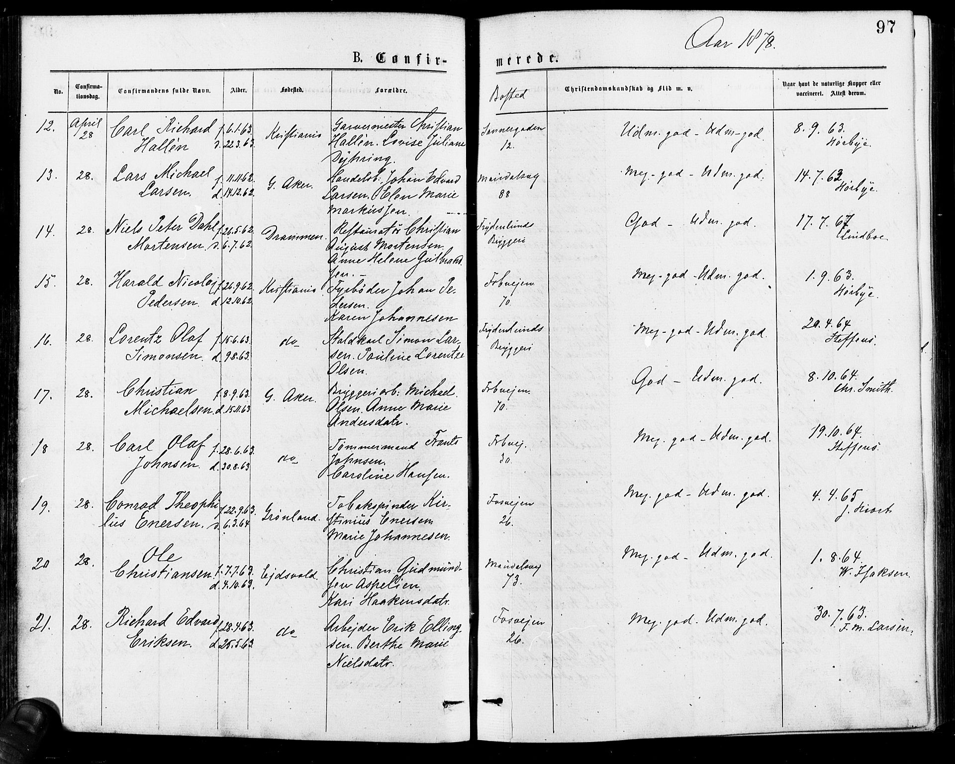 Gamle Aker prestekontor Kirkebøker, AV/SAO-A-10617a/F/L0005: Parish register (official) no. 5, 1873-1881, p. 97