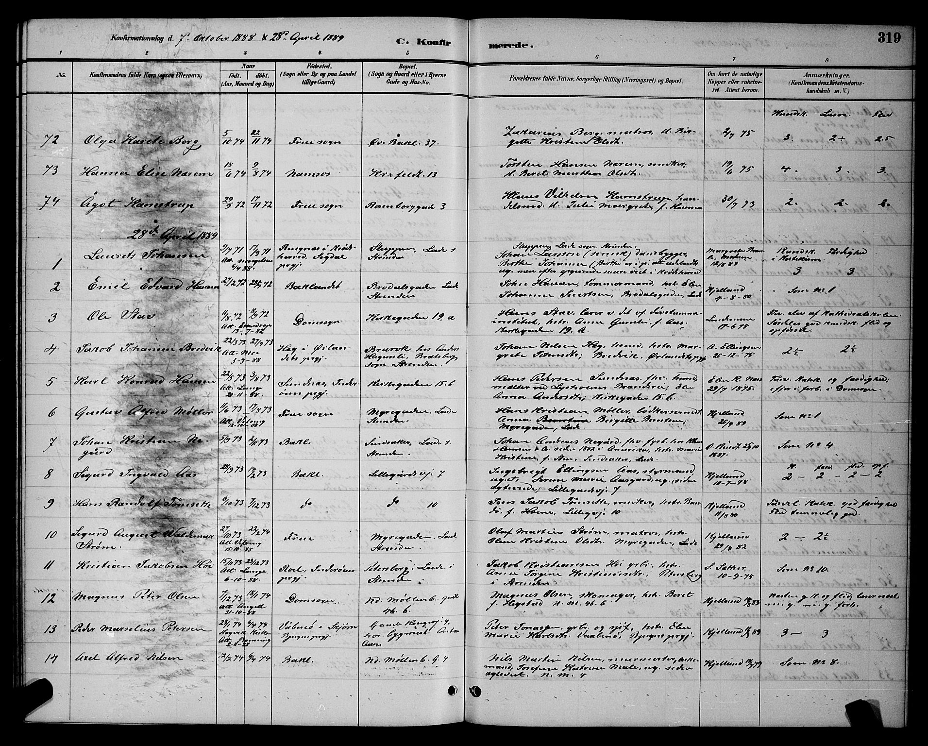 Ministerialprotokoller, klokkerbøker og fødselsregistre - Sør-Trøndelag, SAT/A-1456/604/L0222: Parish register (copy) no. 604C05, 1886-1895, p. 319