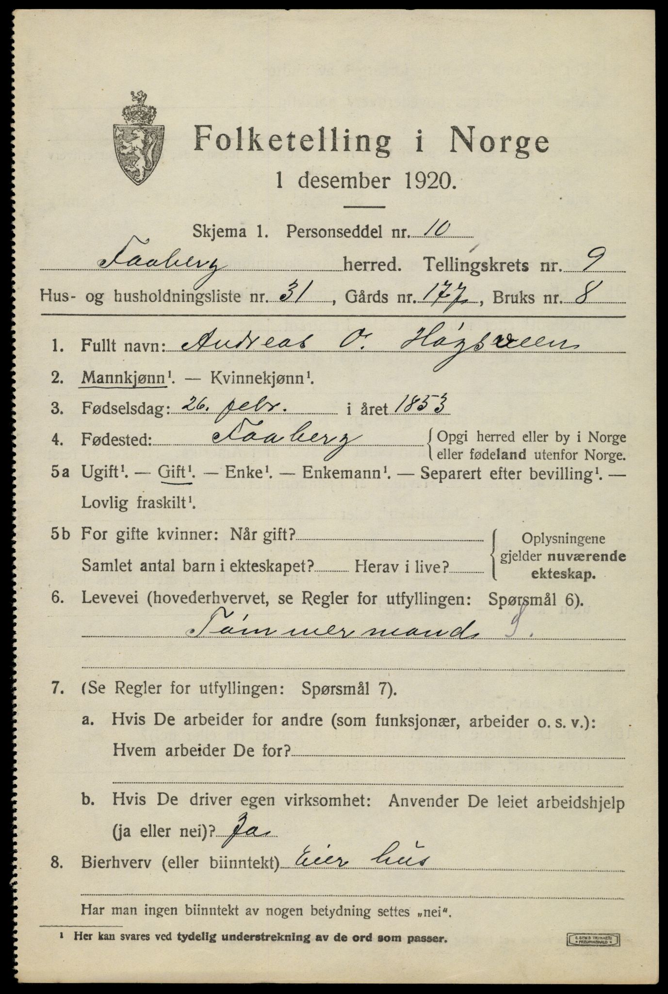 SAH, 1920 census for Fåberg, 1920, p. 10442