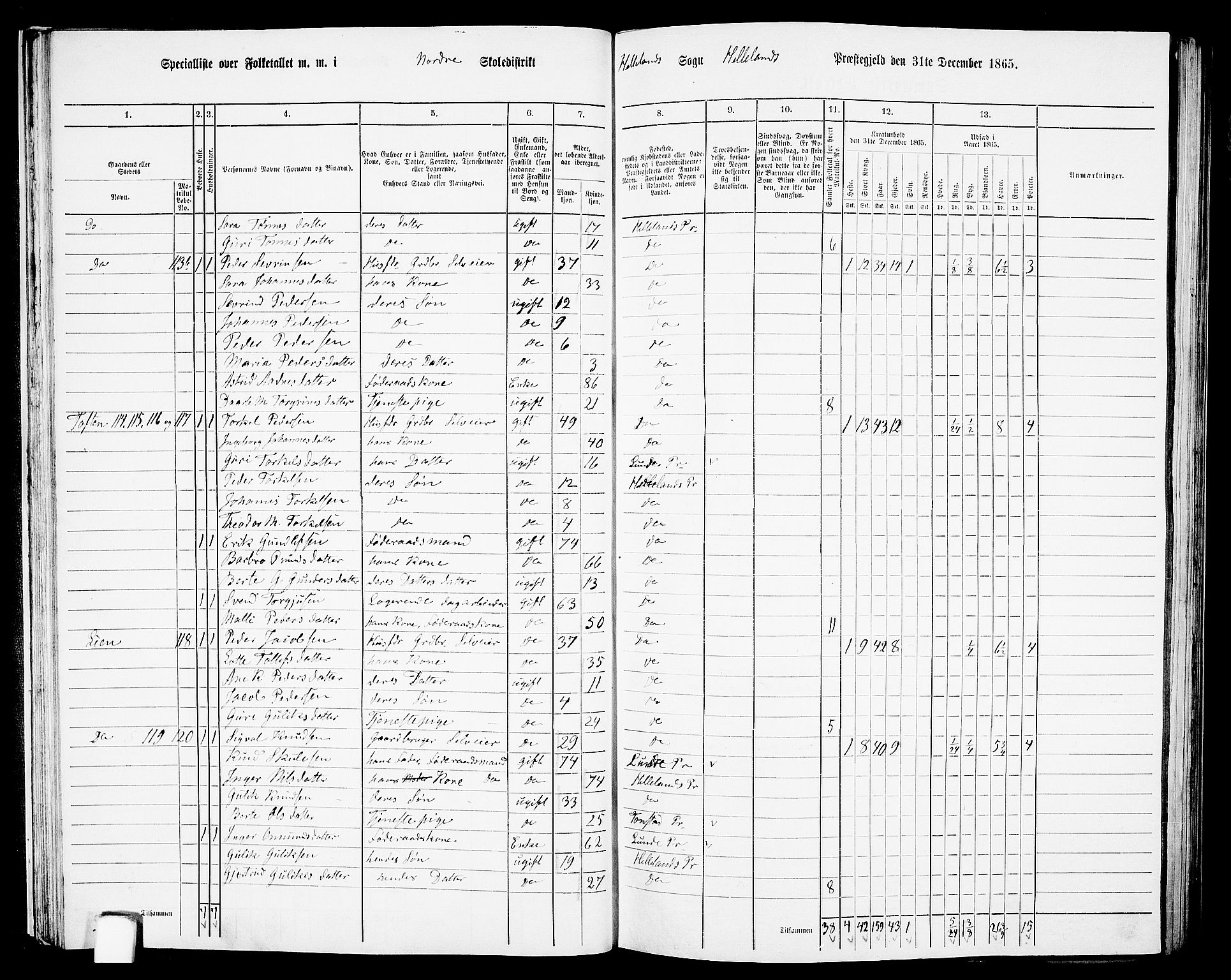 RA, 1865 census for Helleland, 1865, p. 36