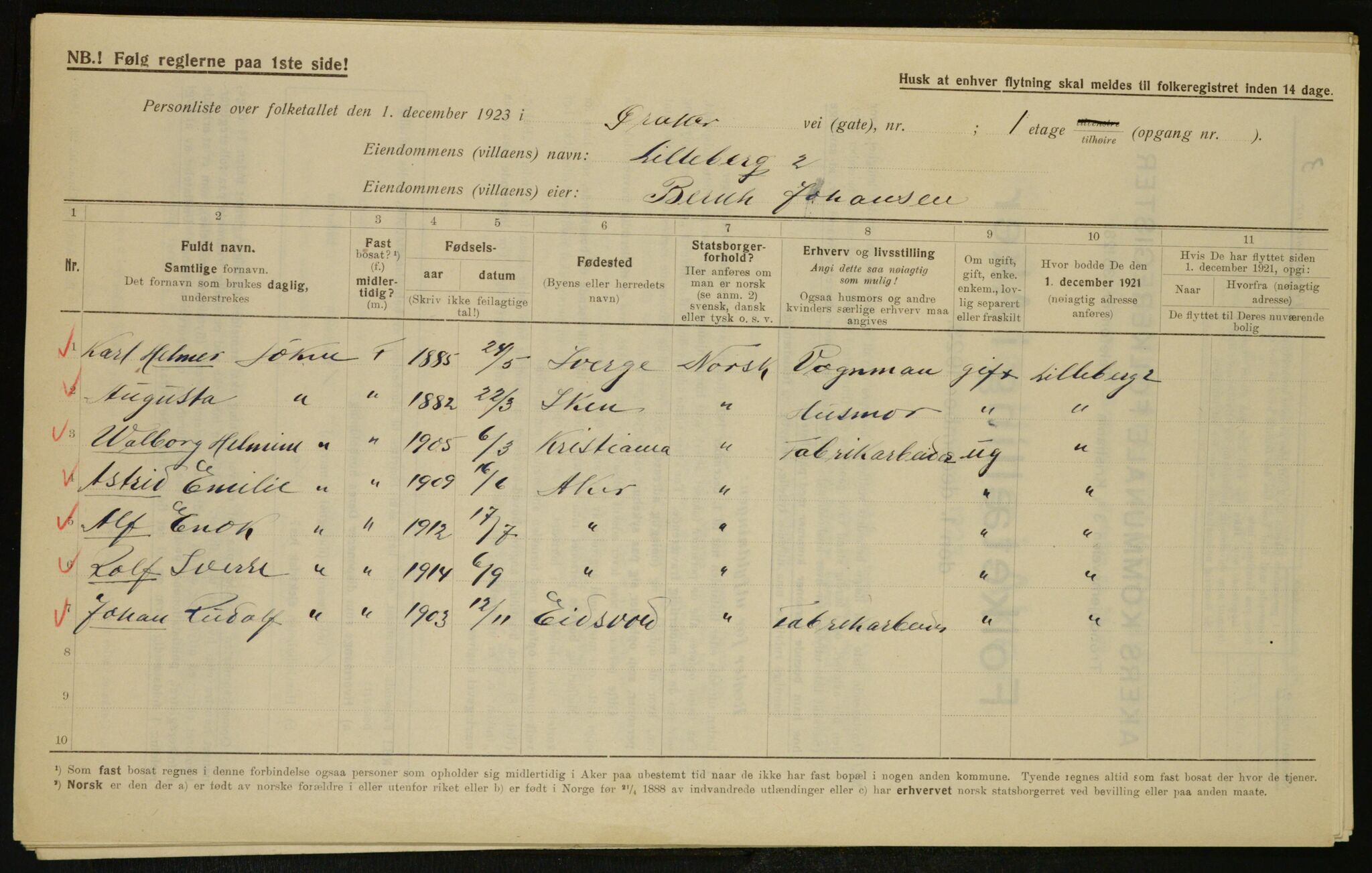 , Municipal Census 1923 for Aker, 1923, p. 7382