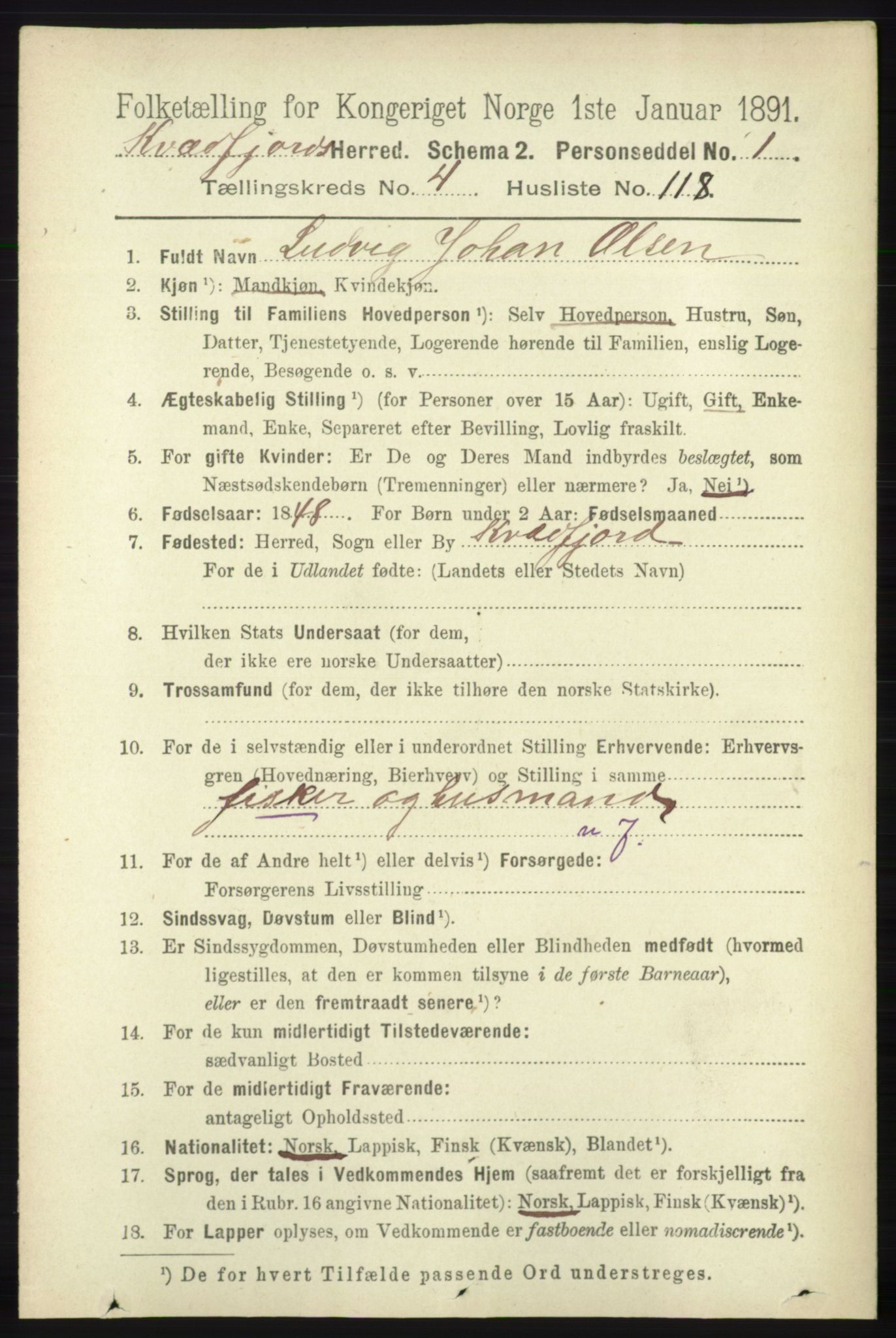 RA, 1891 census for 1911 Kvæfjord, 1891, p. 2647