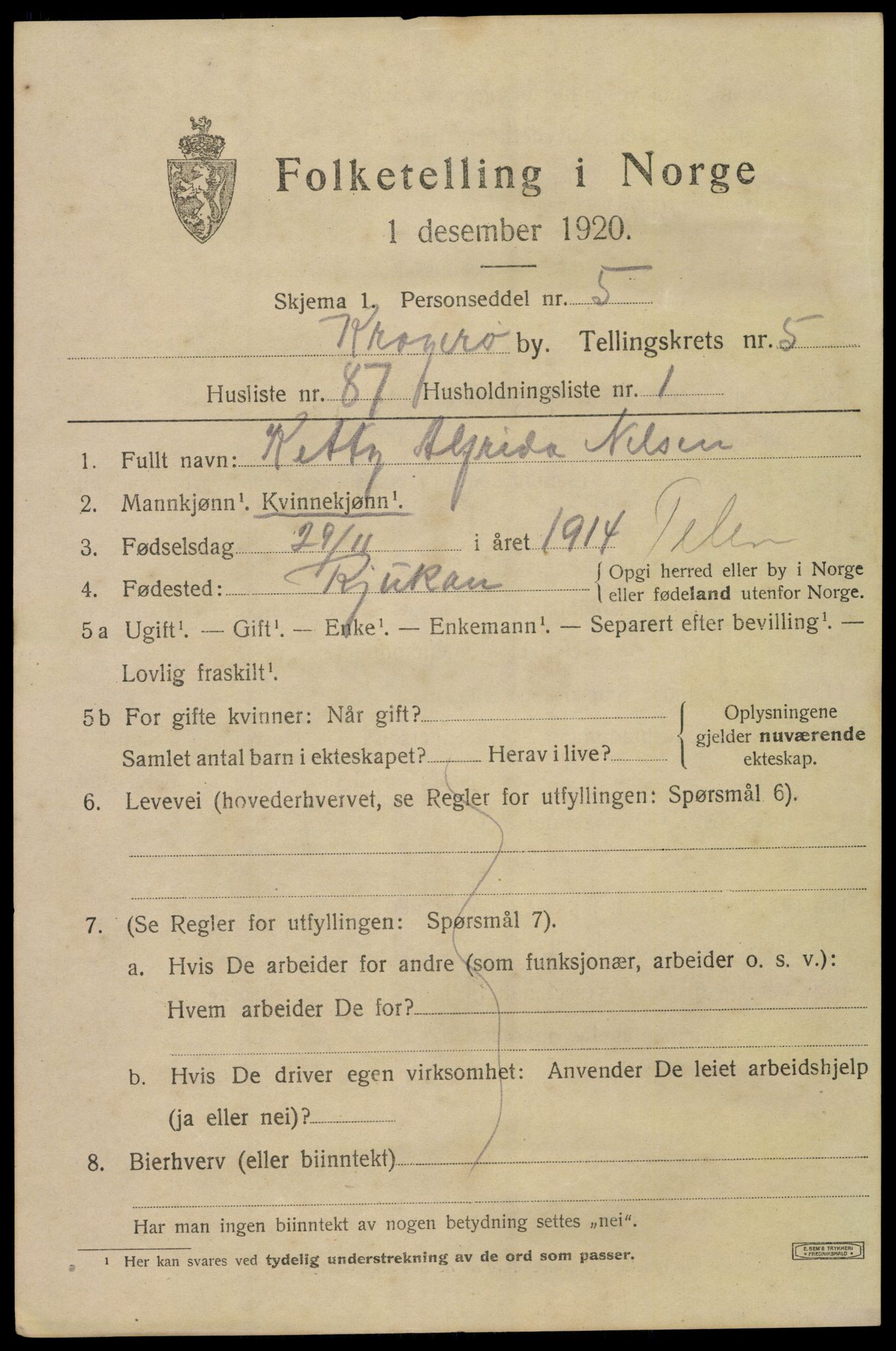 SAKO, 1920 census for Kragerø, 1920, p. 9059