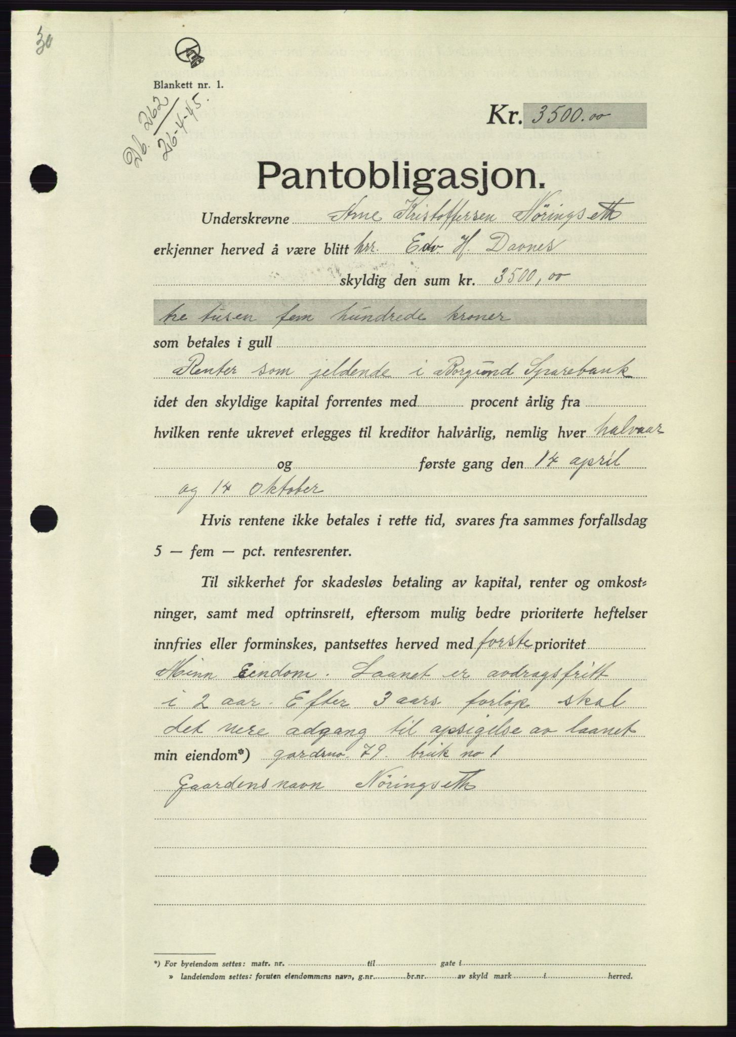 Søre Sunnmøre sorenskriveri, AV/SAT-A-4122/1/2/2C/L0114: Mortgage book no. 1-2B, 1943-1947, Diary no: : 262/1945