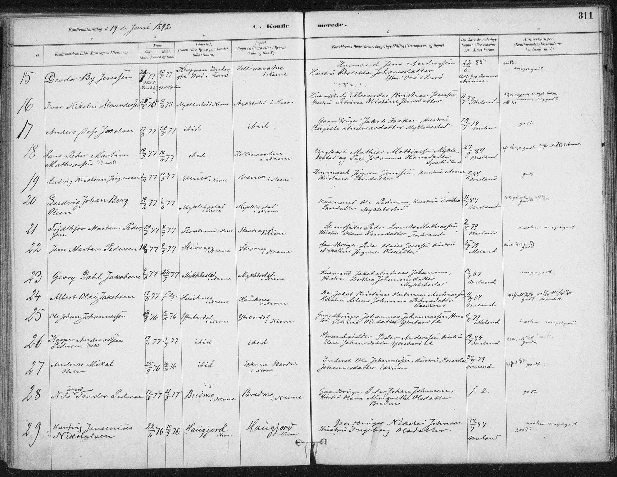 Ministerialprotokoller, klokkerbøker og fødselsregistre - Nordland, AV/SAT-A-1459/838/L0552: Parish register (official) no. 838A10, 1880-1910, p. 311