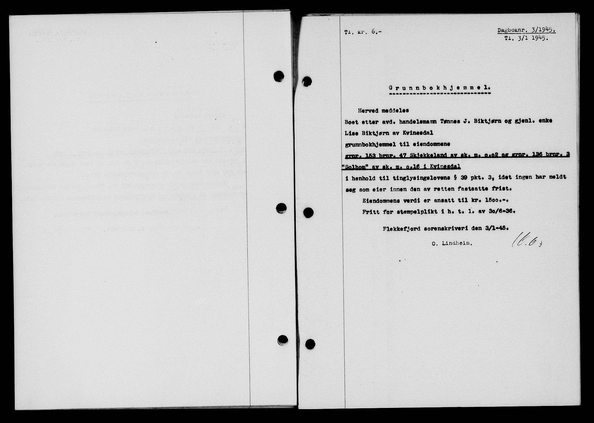 Flekkefjord sorenskriveri, SAK/1221-0001/G/Gb/Gba/L0059: Mortgage book no. A-7, 1944-1945, Diary no: : 3/1945