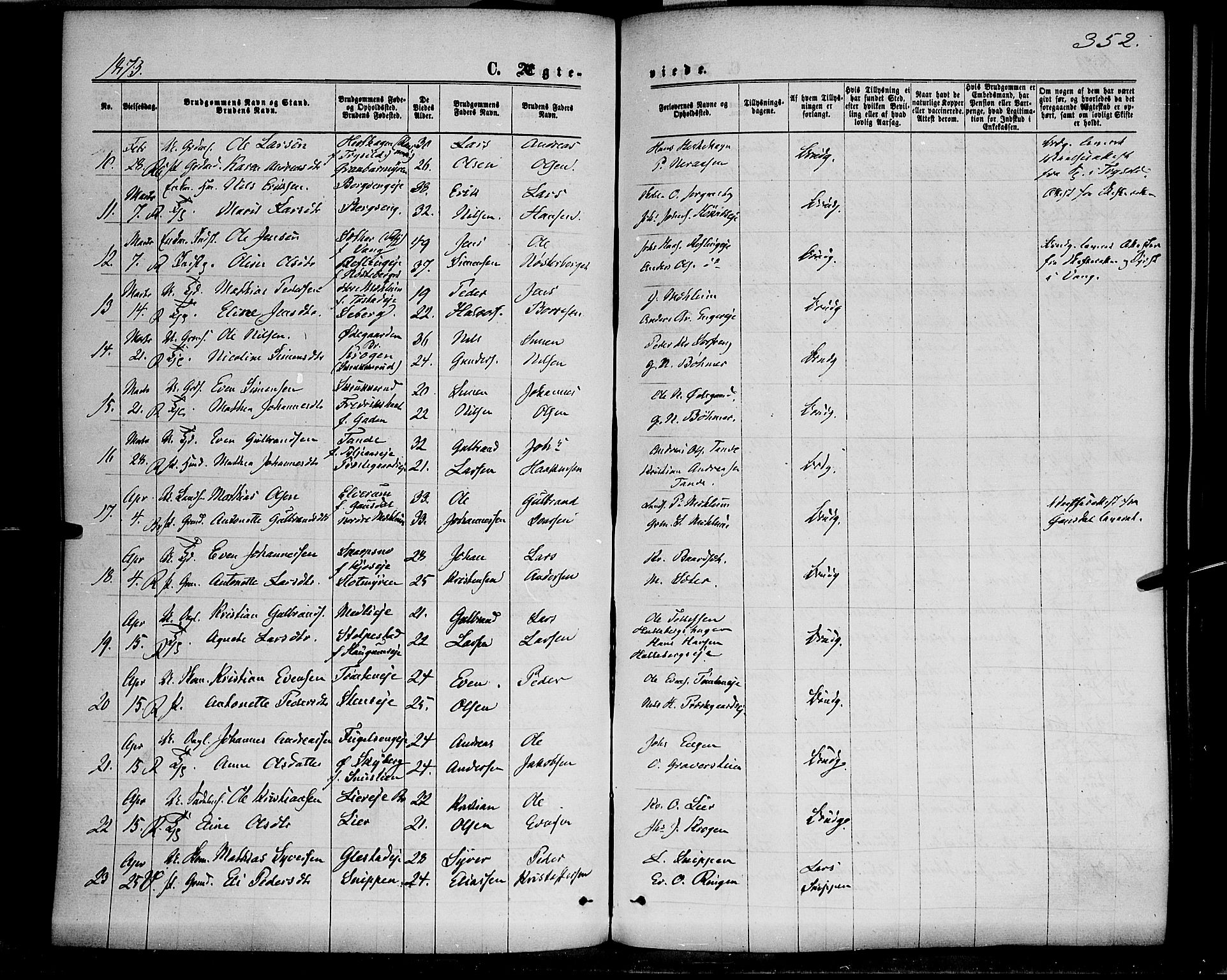 Ringsaker prestekontor, SAH/PREST-014/K/Ka/L0011: Parish register (official) no. 11, 1870-1878, p. 352