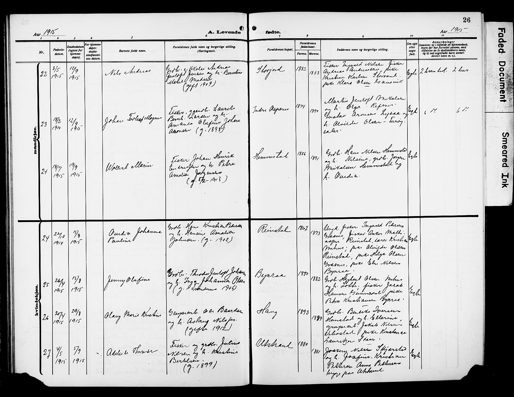 Kvæfjord sokneprestkontor, AV/SATØ-S-1323/G/Ga/Gab/L0006klokker: Parish register (copy) no. 6, 1912-1931, p. 26