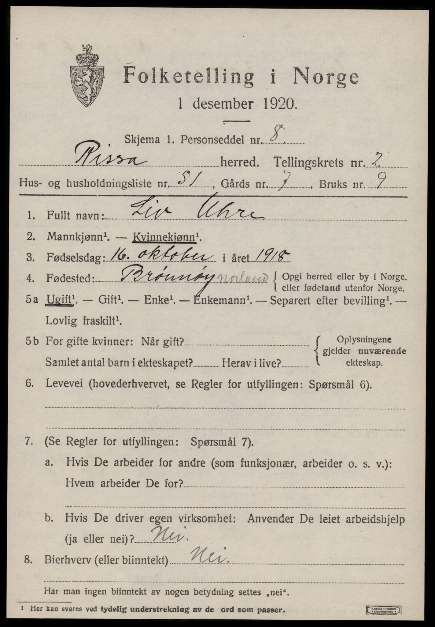 SAT, 1920 census for Rissa, 1920, p. 2311