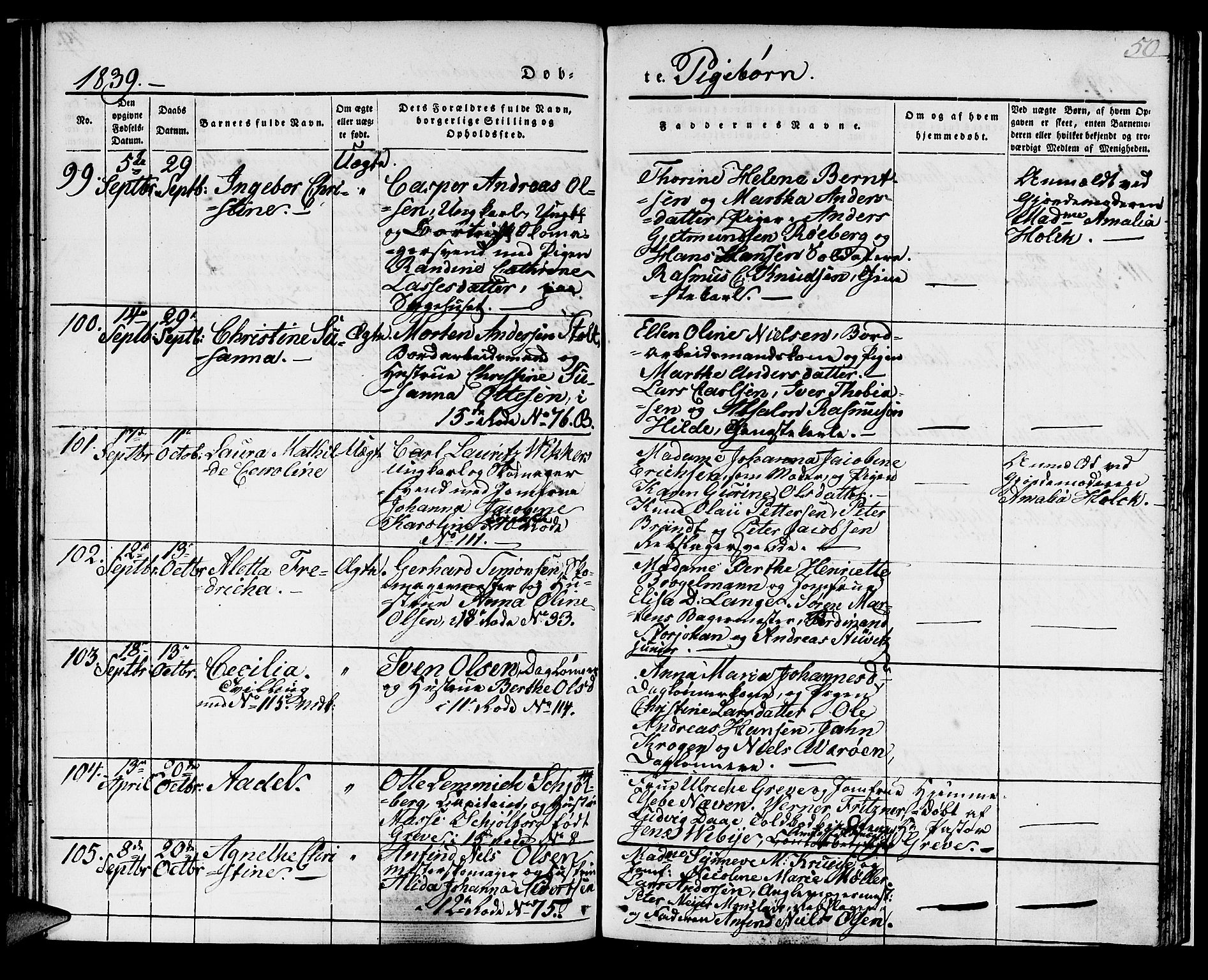 Domkirken sokneprestembete, SAB/A-74801/H/Haa/L0018: Parish register (official) no. B 1, 1838-1840, p. 50