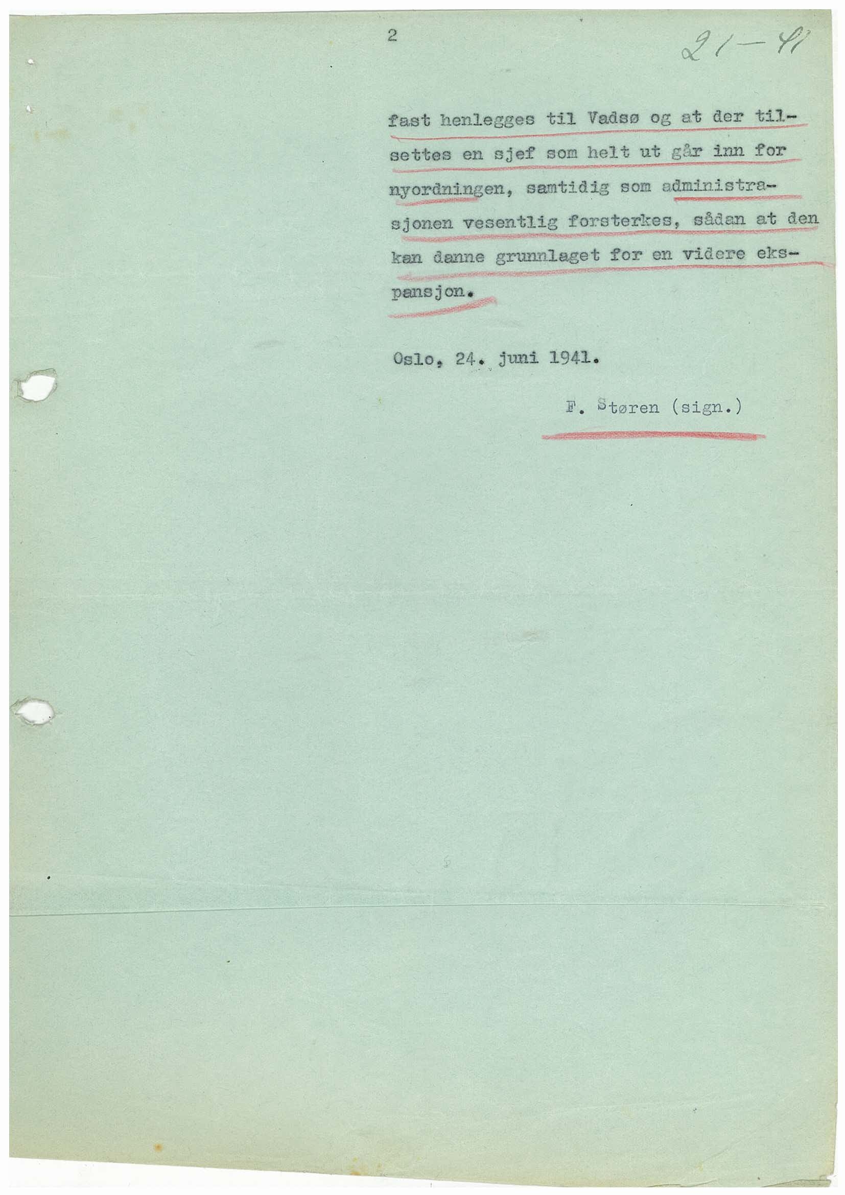 Førerens og ministerpresidentens kanselli. Utenriksavdelingen, AV/RA-S-3485/D/L0025/0001: -- / F. Støren. Østområdene, div. korr. og manuskripter, 1941-1942, p. 2