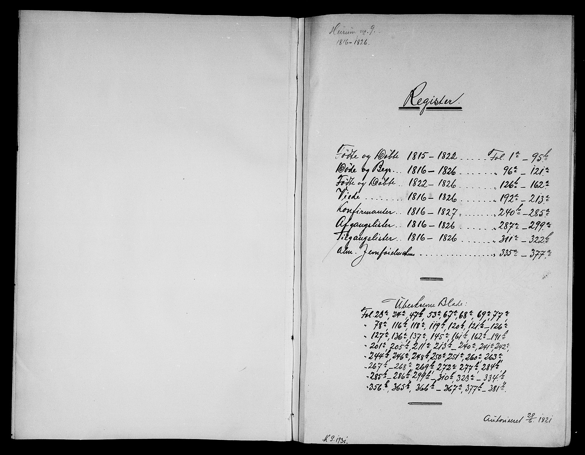 Hurum kirkebøker, AV/SAKO-A-229/F/Fa/L0009: Parish register (official) no. 9, 1816-1826