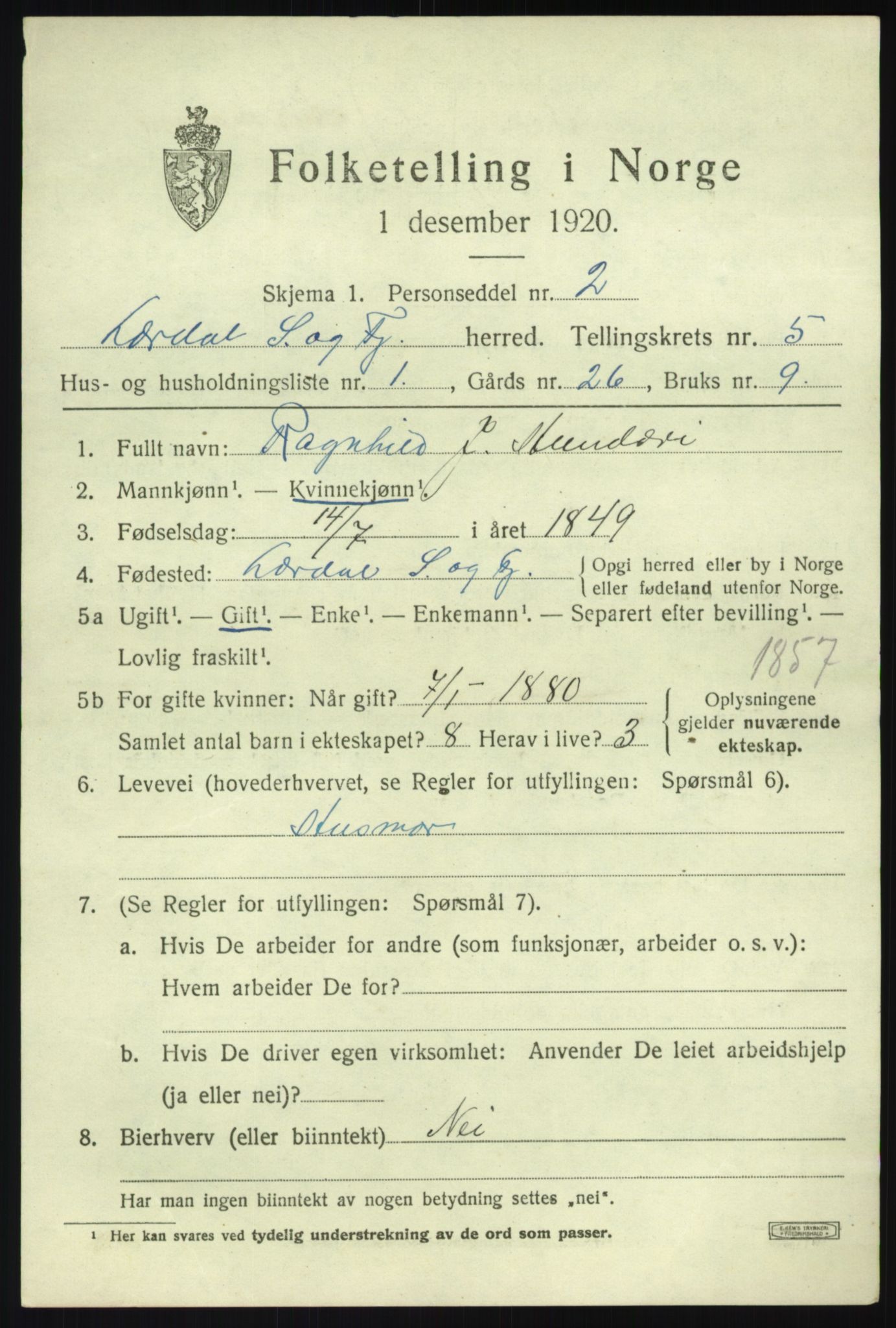 SAB, 1920 census for Lærdal, 1920, p. 2478