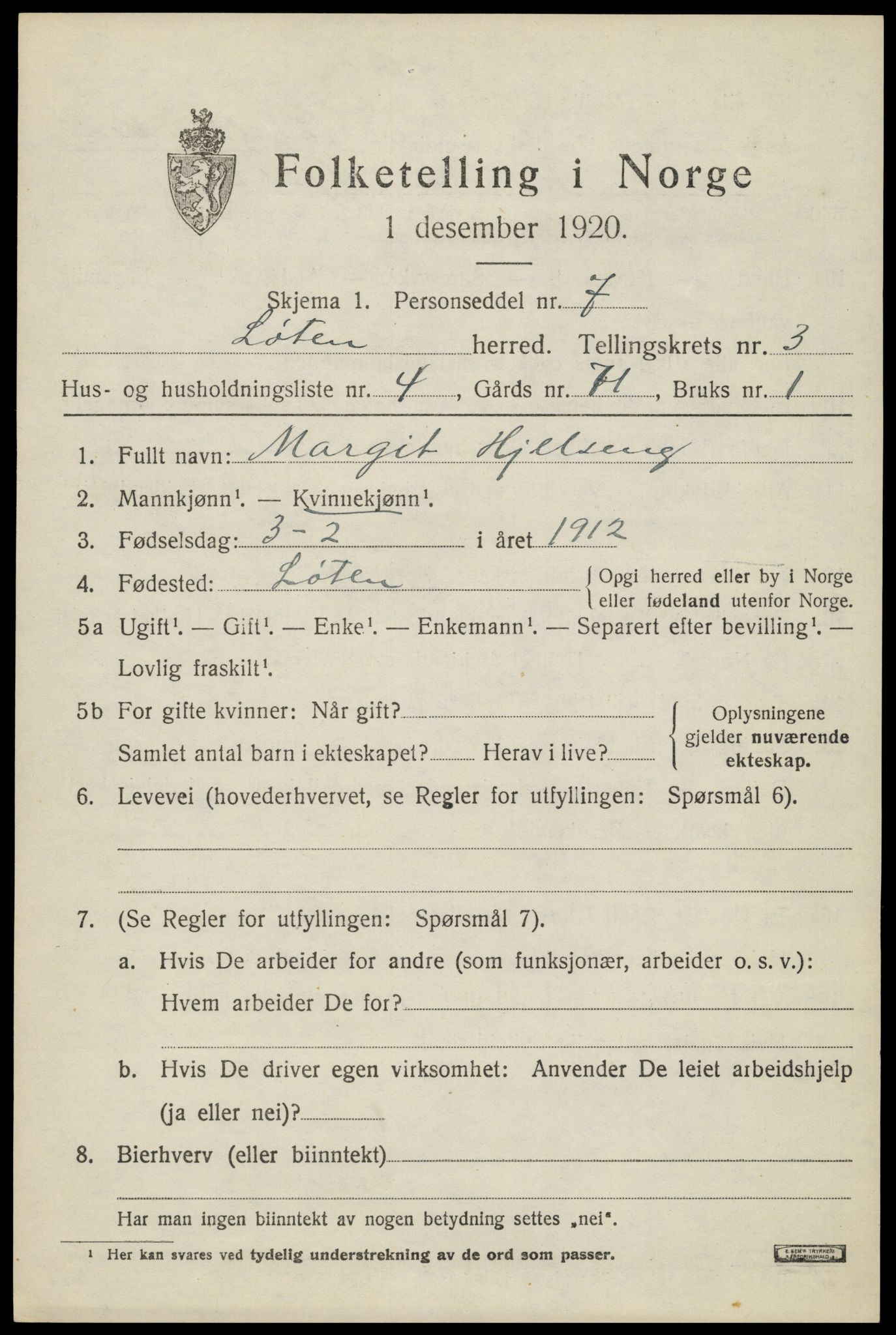 SAH, 1920 census for Løten, 1920, p. 7349