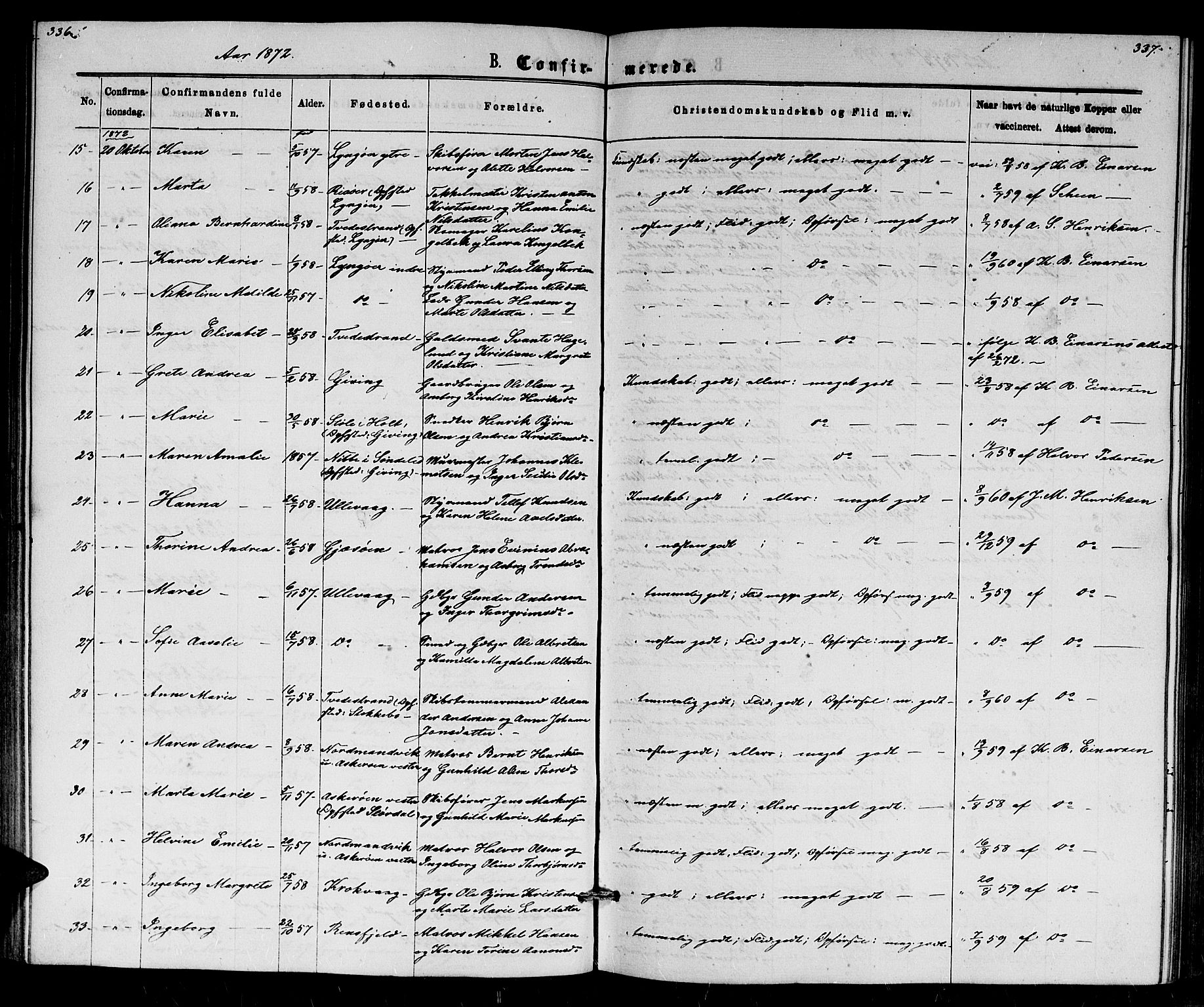 Dypvåg sokneprestkontor, SAK/1111-0007/F/Fb/Fba/L0012: Parish register (copy) no. B 12, 1872-1886, p. 336-337