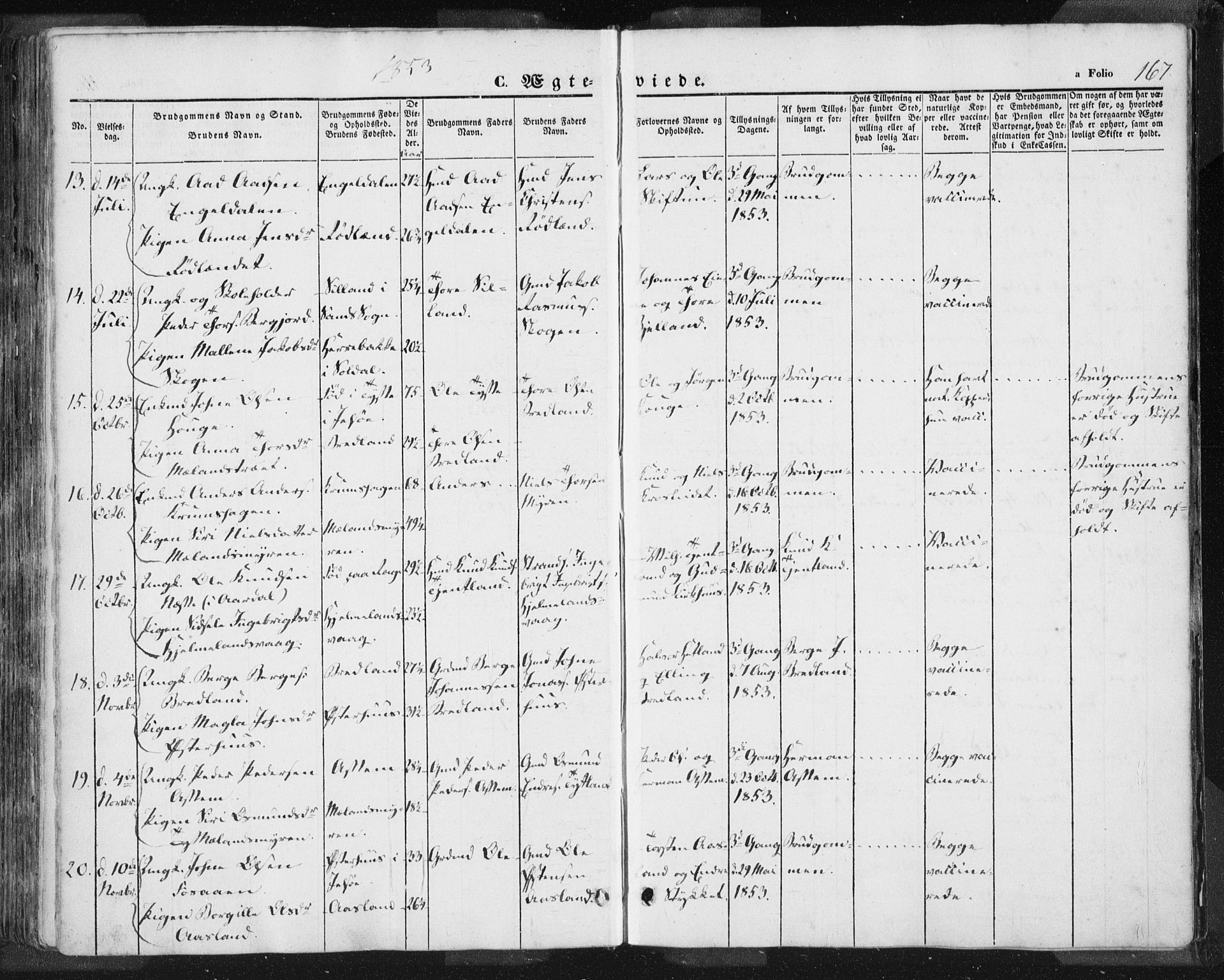 Hjelmeland sokneprestkontor, AV/SAST-A-101843/01/IV/L0009: Parish register (official) no. A 9, 1846-1860, p. 167