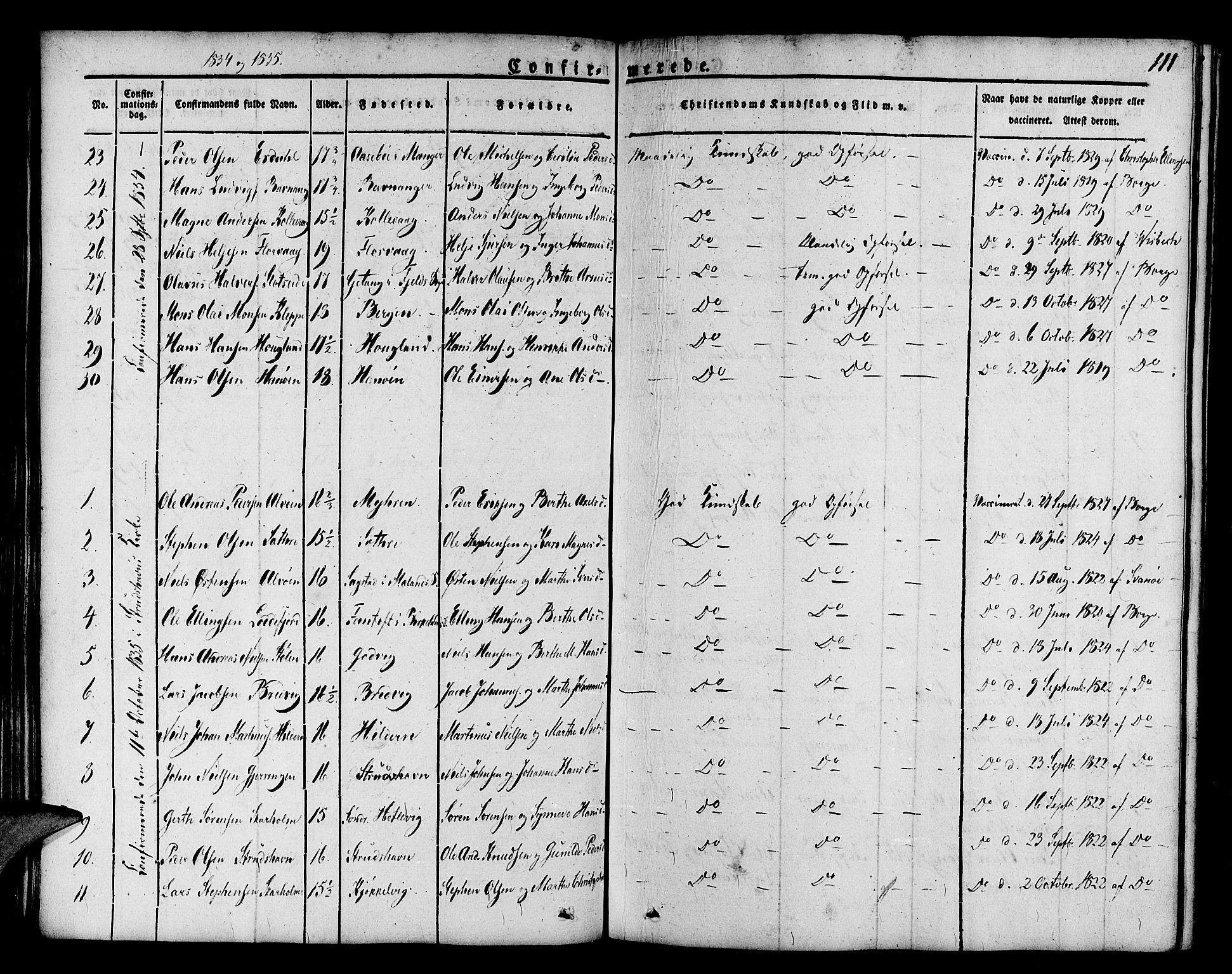 Askøy Sokneprestembete, AV/SAB-A-74101/H/Ha/Haa/Haaa/L0004: Parish register (official) no. A 4, 1825-1845, p. 111