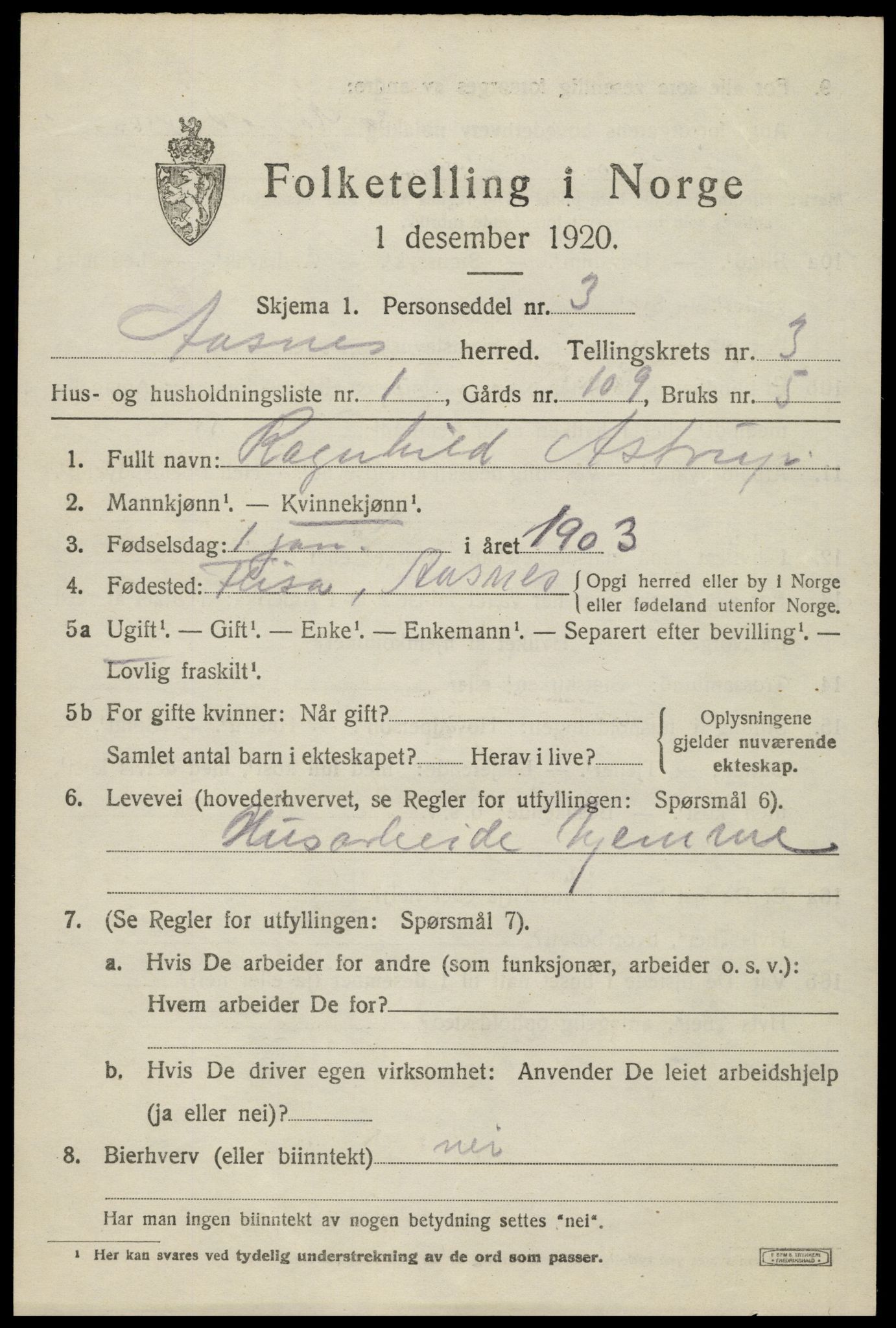 SAH, 1920 census for Åsnes, 1920, p. 3606