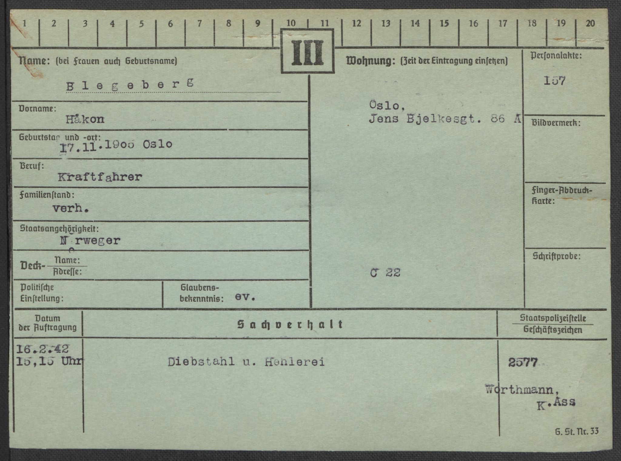 Befehlshaber der Sicherheitspolizei und des SD, AV/RA-RAFA-5969/E/Ea/Eaa/L0002: Register over norske fanger i Møllergata 19: Bj-Eng, 1940-1945, p. 8