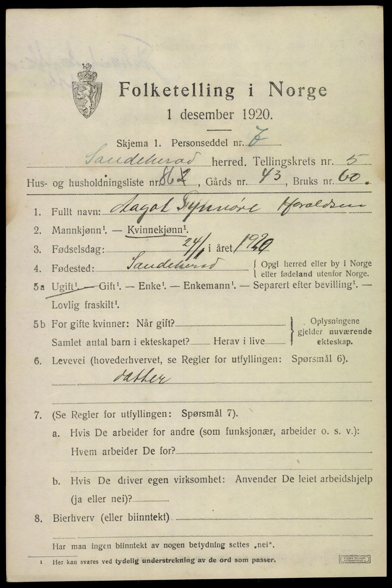 SAKO, 1920 census for Sandeherred, 1920, p. 9228