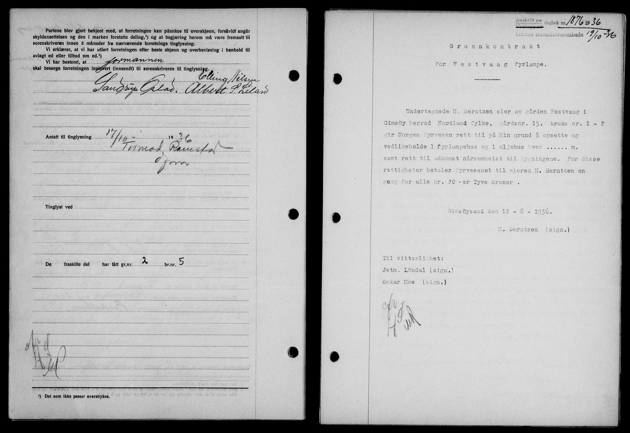 Lofoten sorenskriveri, SAT/A-0017/1/2/2C/L0001a: Mortgage book no. 1a, 1936-1937, Diary no: : 1876/1936