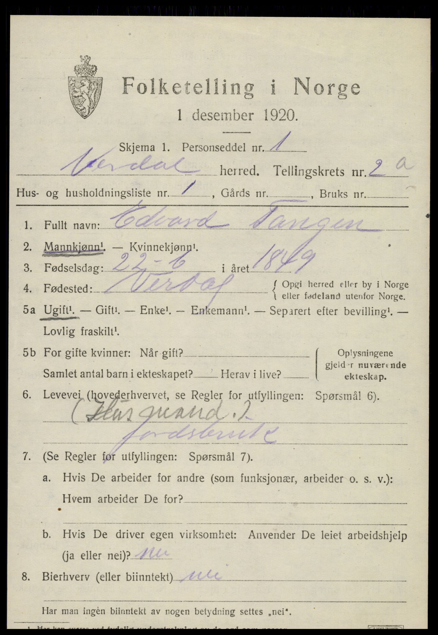 SAT, 1920 census for Verdal, 1920, p. 3729