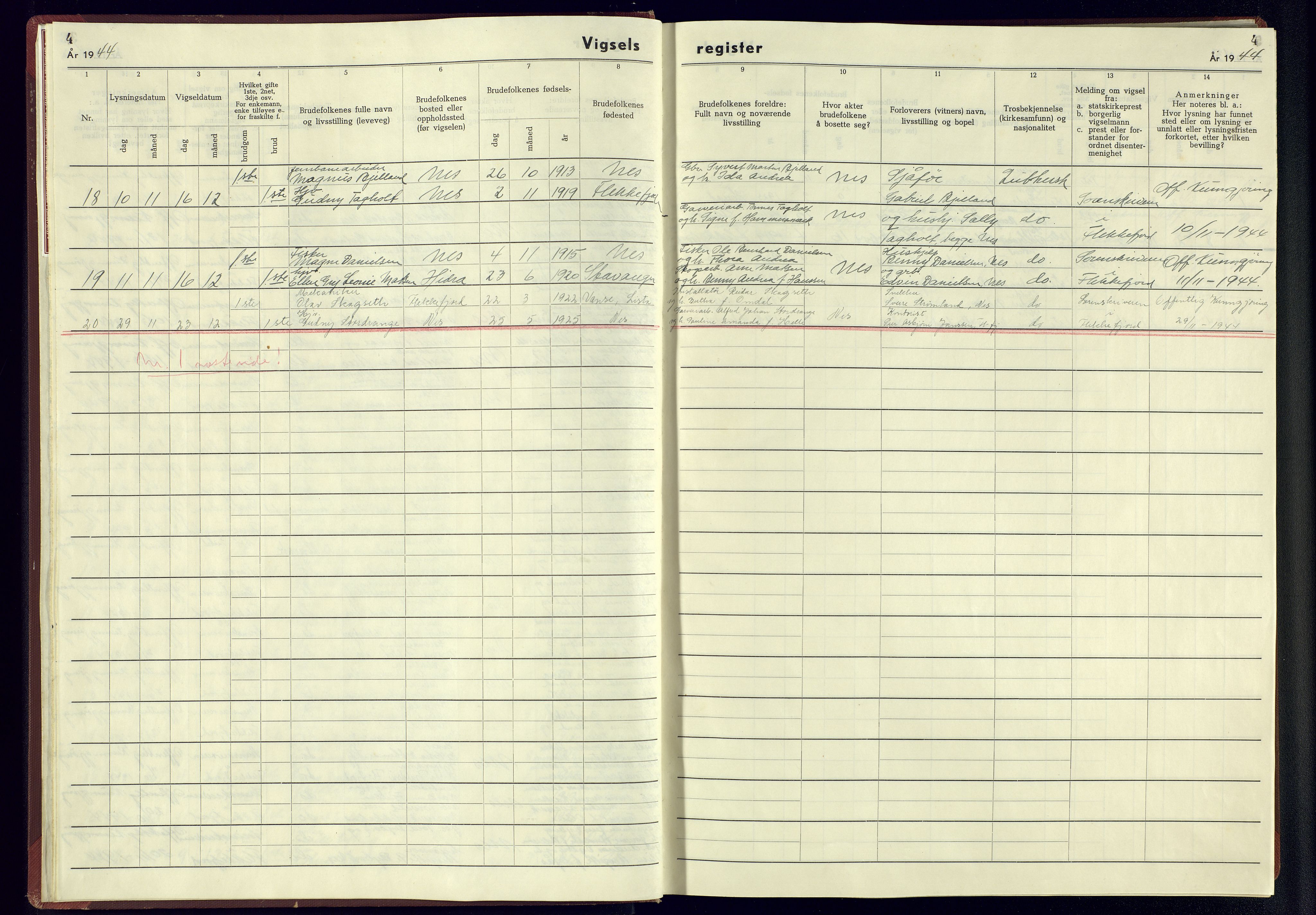 Flekkefjord sokneprestkontor, AV/SAK-1111-0012/J/Jb/L0005: Marriage register no. A-VI-6, 1942-1945, p. 4