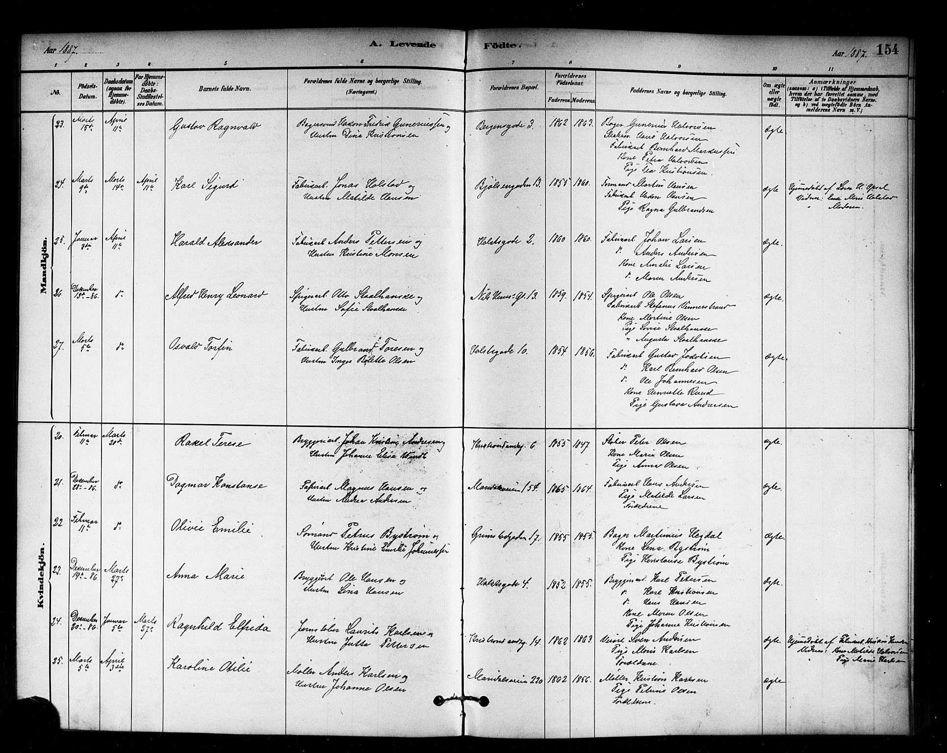 Sagene prestekontor Kirkebøker, AV/SAO-A-10796/G/L0001: Parish register (copy) no. 1, 1880-1891, p. 154