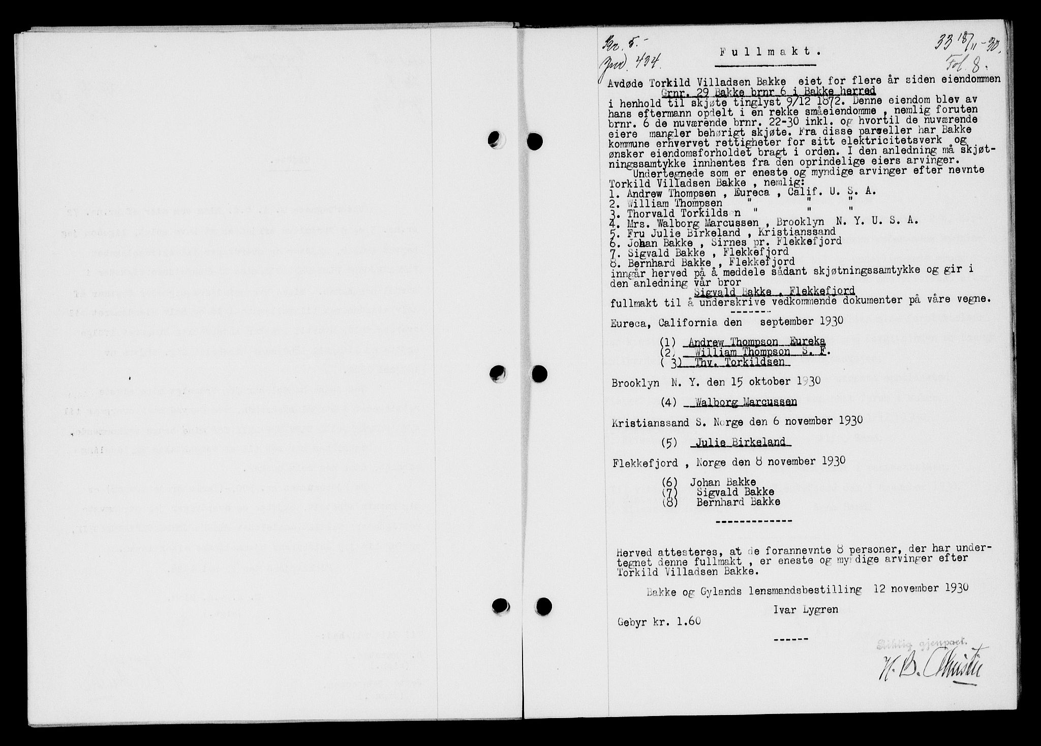 Flekkefjord sorenskriveri, AV/SAK-1221-0001/G/Gb/Gba/L0046: Mortgage book no. 44, 1930-1931, Deed date: 18.11.1930