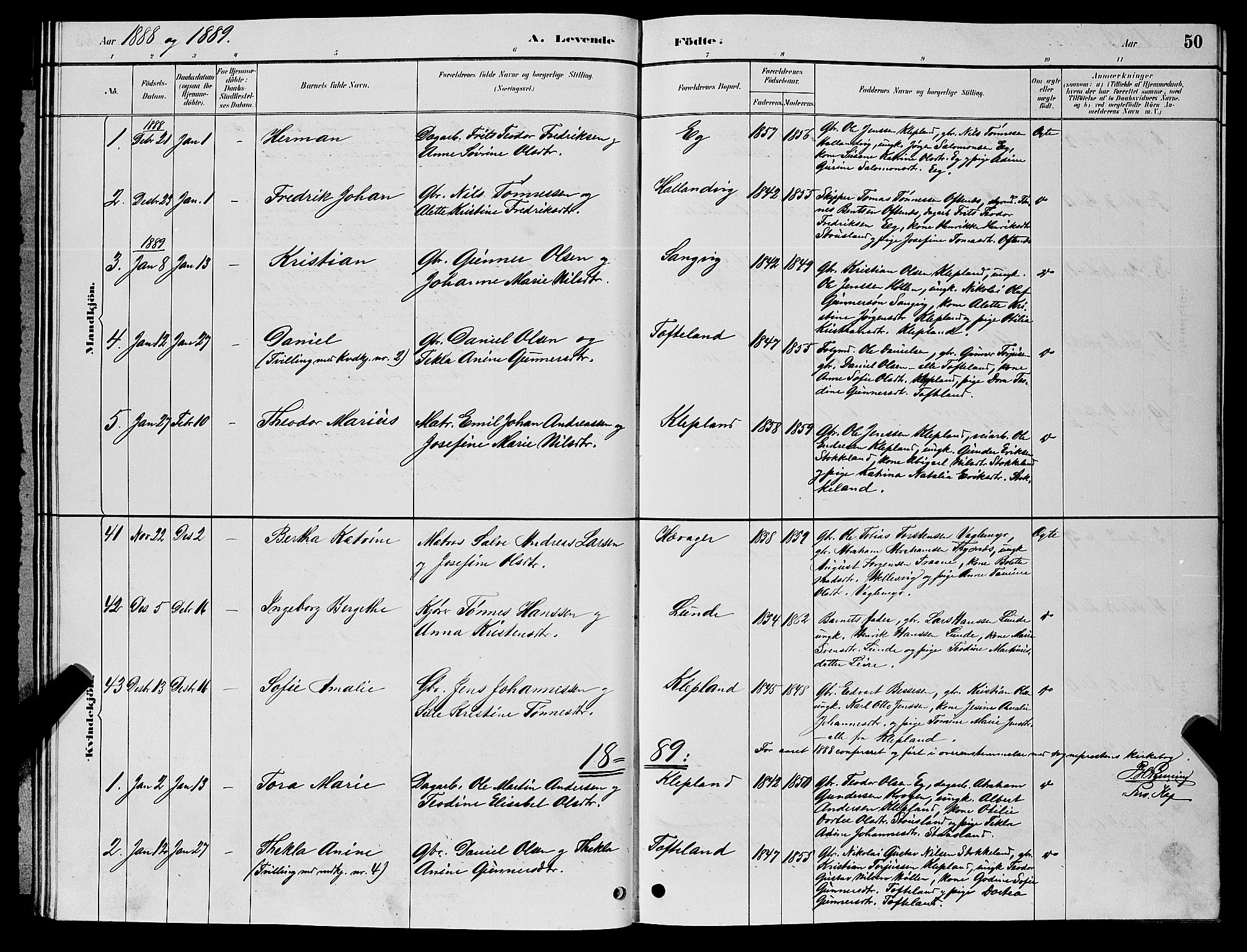 Søgne sokneprestkontor, SAK/1111-0037/F/Fb/Fbb/L0005: Parish register (copy) no. B 5, 1884-1891, p. 50