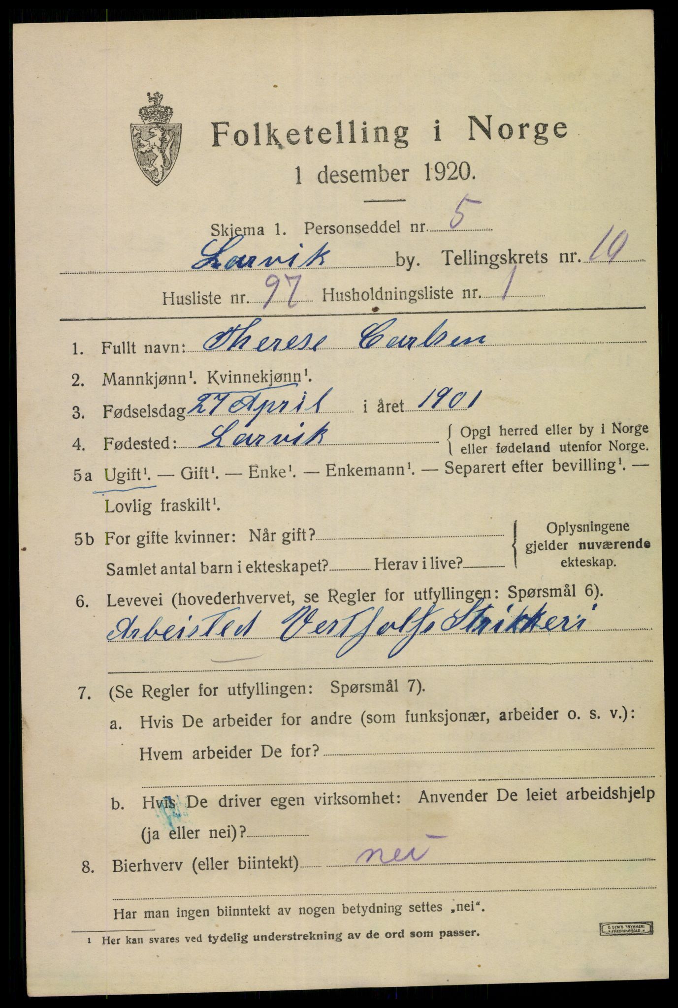 SAKO, 1920 census for Larvik, 1920, p. 28314