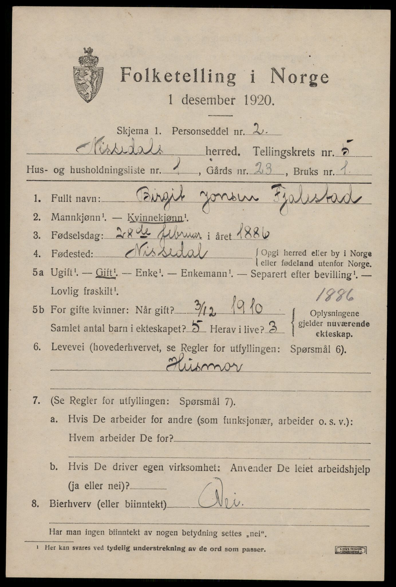 SAKO, 1920 census for Nissedal, 1920, p. 2033