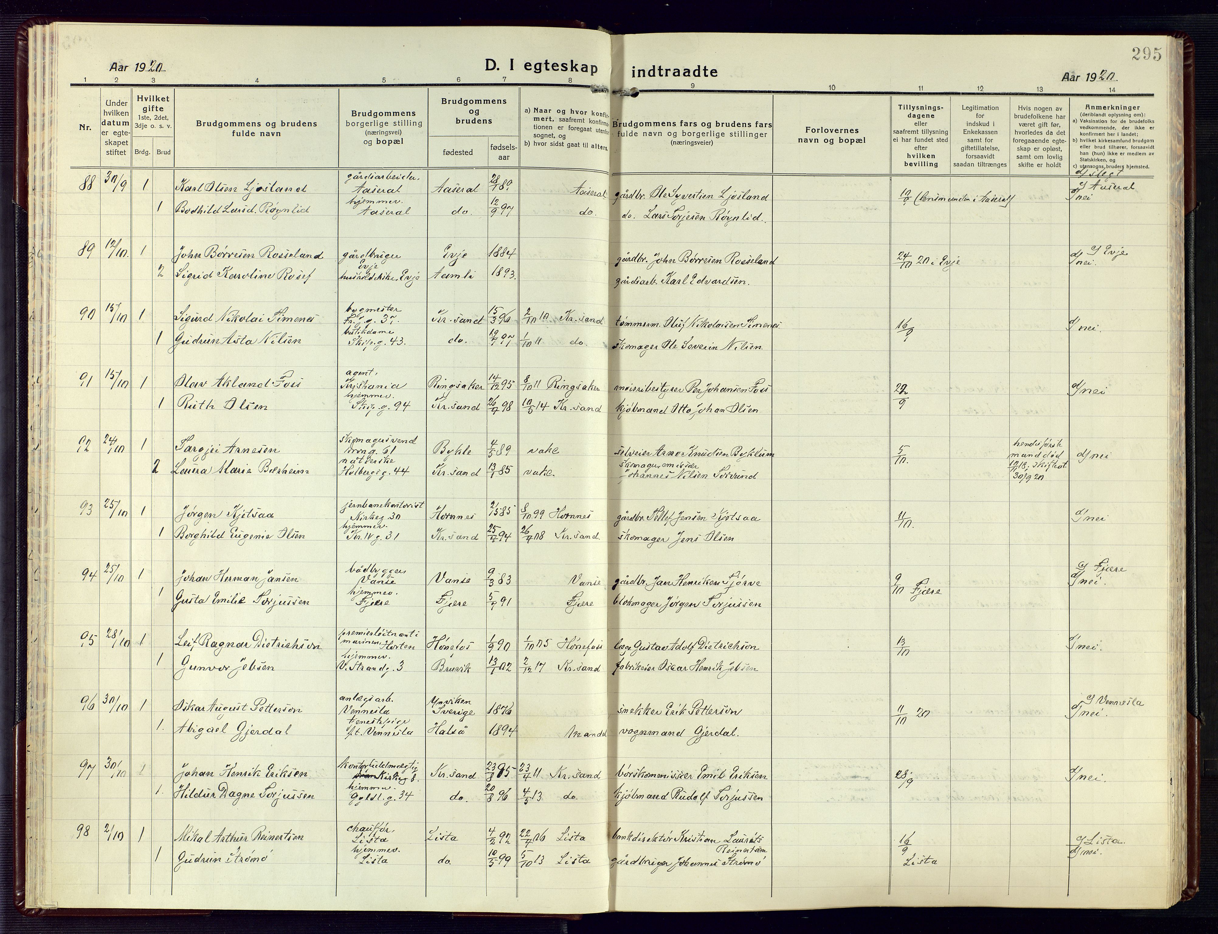 Kristiansand domprosti, AV/SAK-1112-0006/F/Fa/L0028: Parish register (official) no. A 27, 1917-1926, p. 295