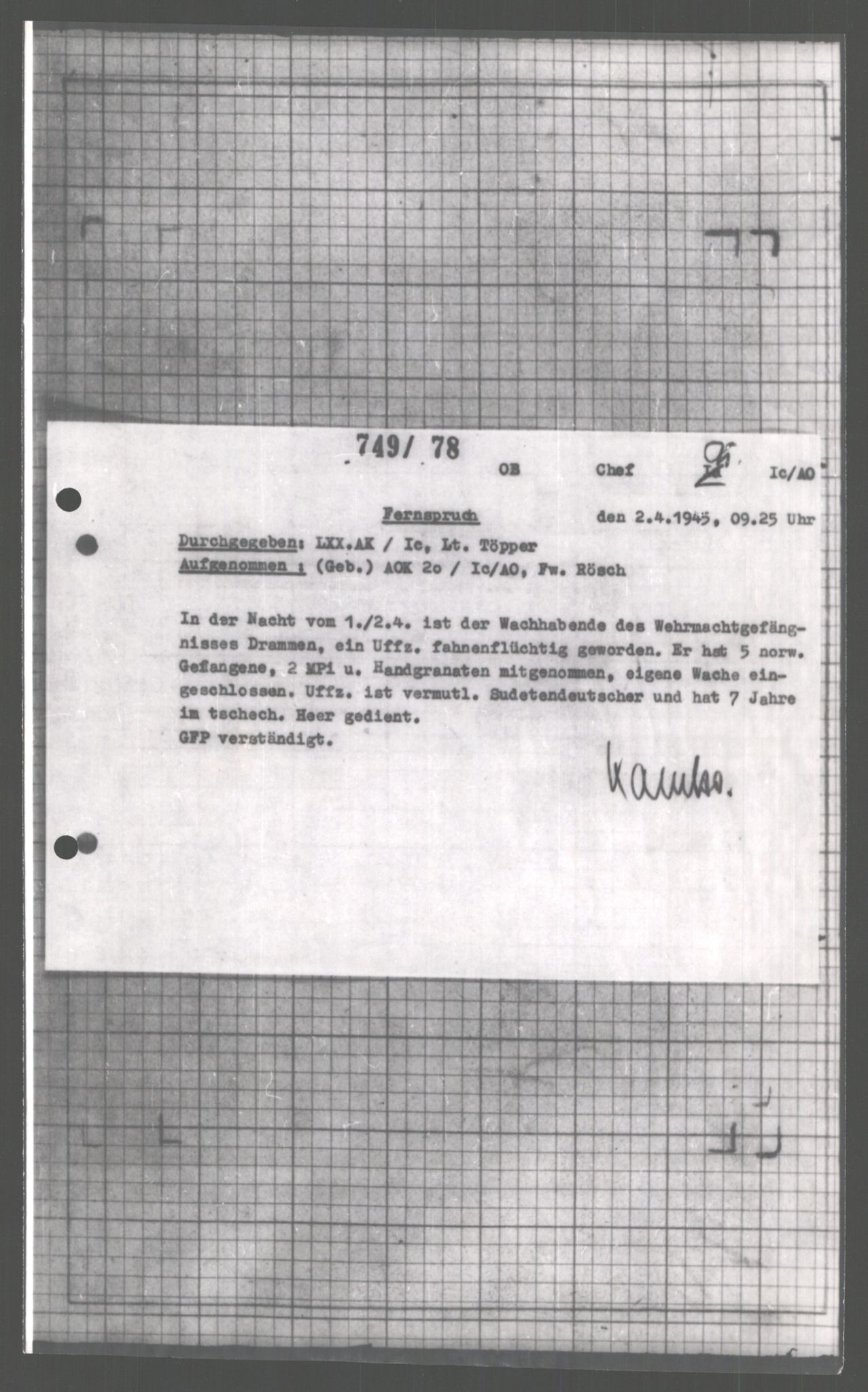 Forsvarets Overkommando. 2 kontor. Arkiv 11.4. Spredte tyske arkivsaker, AV/RA-RAFA-7031/D/Dar/Dara/L0004: Krigsdagbøker for 20. Gebirgs-Armee-Oberkommando (AOK 20), 1945, p. 343