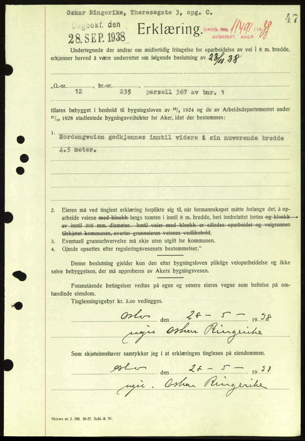 Aker herredsskriveri, SAO/A-10896/G/Gb/Gba/Gbab/L0025: Mortgage book no. A154-155, 1938-1938, Diary no: : 11491/1938