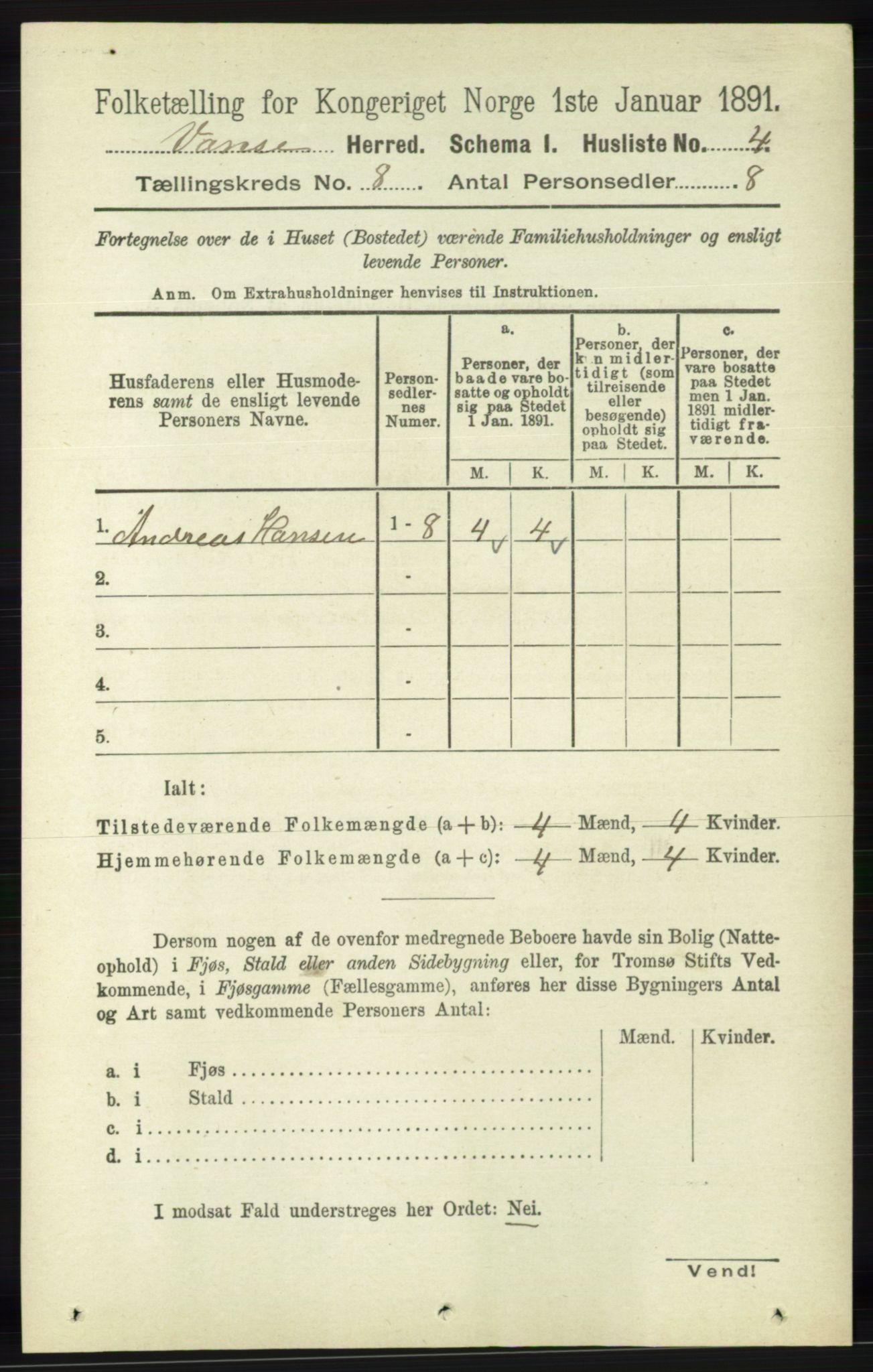 RA, 1891 census for 1041 Vanse, 1891, p. 4844