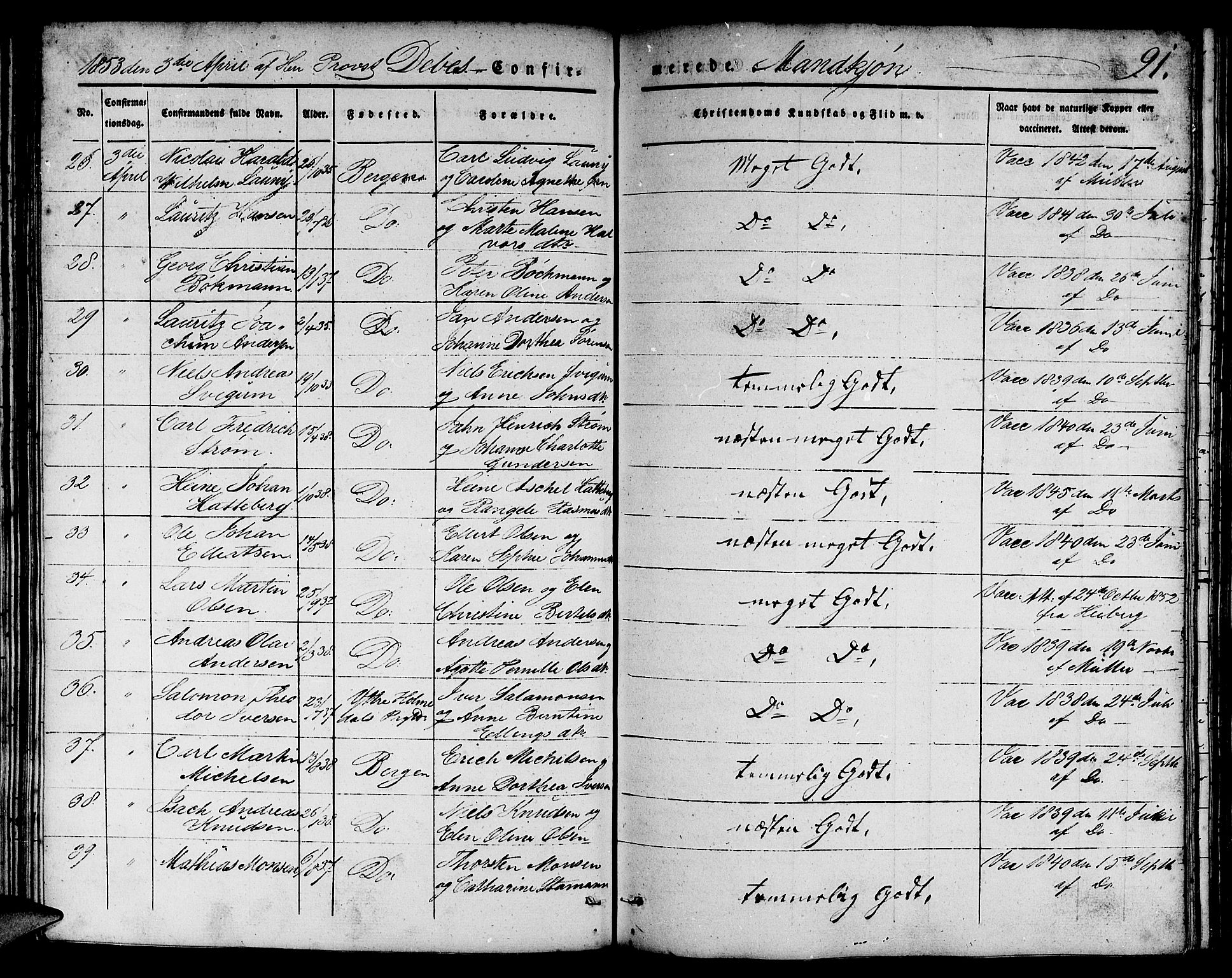 Domkirken sokneprestembete, SAB/A-74801/H/Hab/L0022: Parish register (copy) no. C 2, 1839-1854, p. 91