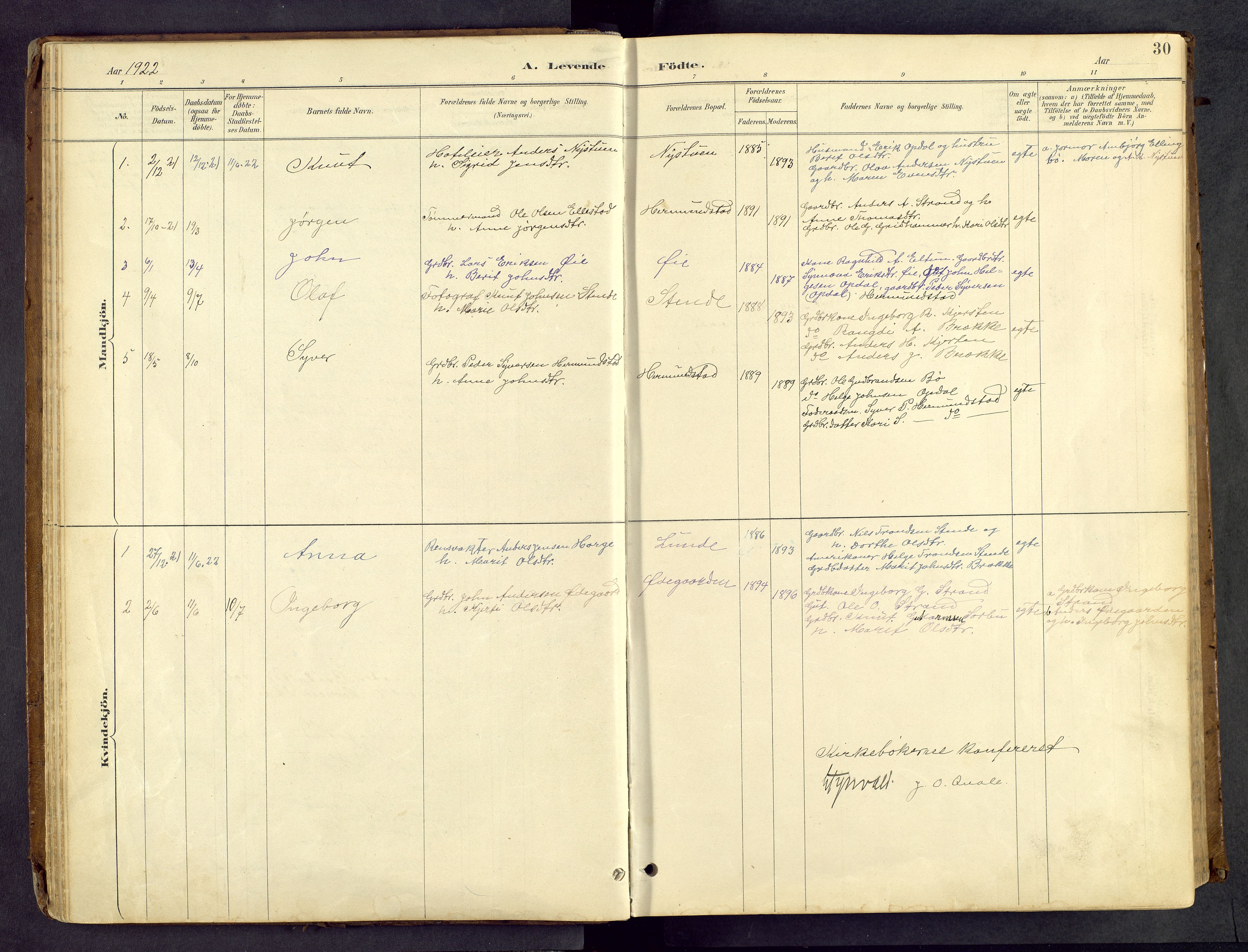 Vang prestekontor, Valdres, SAH/PREST-140/H/Hb/L0005: Parish register (copy) no. 5, 1889-1945, p. 30