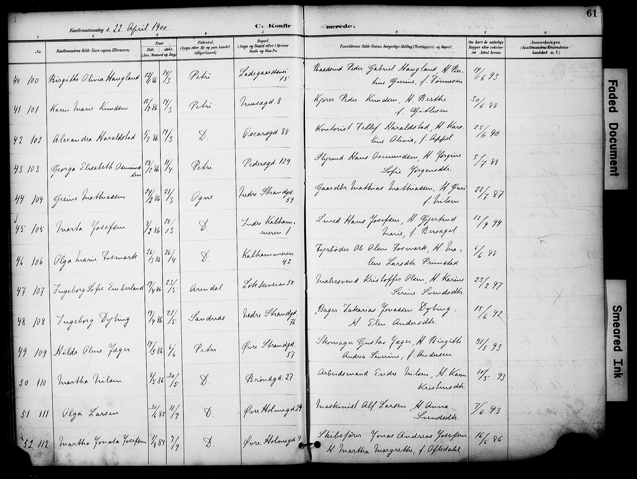 Domkirken sokneprestkontor, AV/SAST-A-101812/001/30/30BA/L0031: Parish register (official) no. A 30, 1896-1916, p. 61