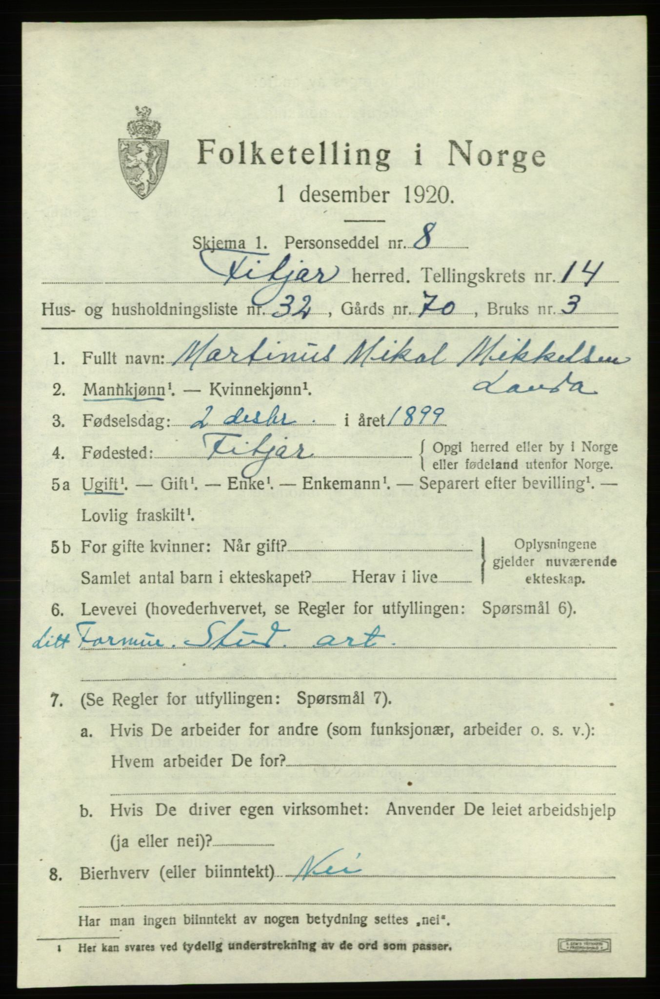 SAB, 1920 census for Fitjar, 1920, p. 6136