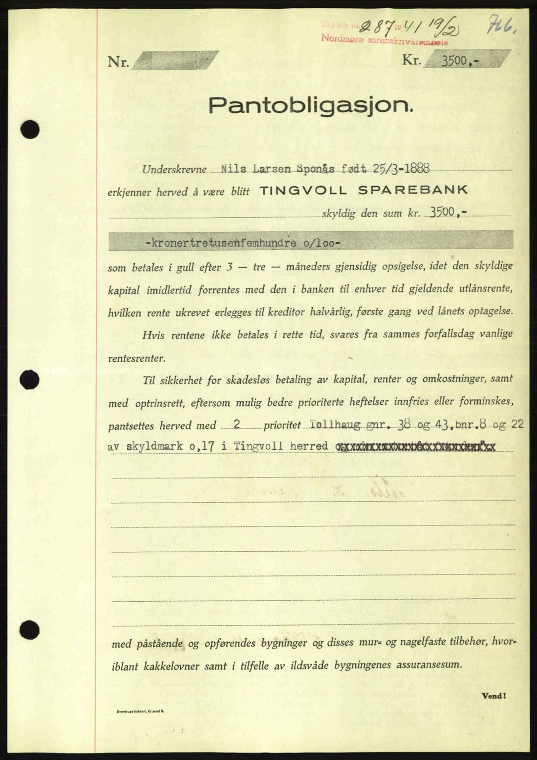 Nordmøre sorenskriveri, AV/SAT-A-4132/1/2/2Ca: Mortgage book no. B87, 1940-1941, Diary no: : 287/1941