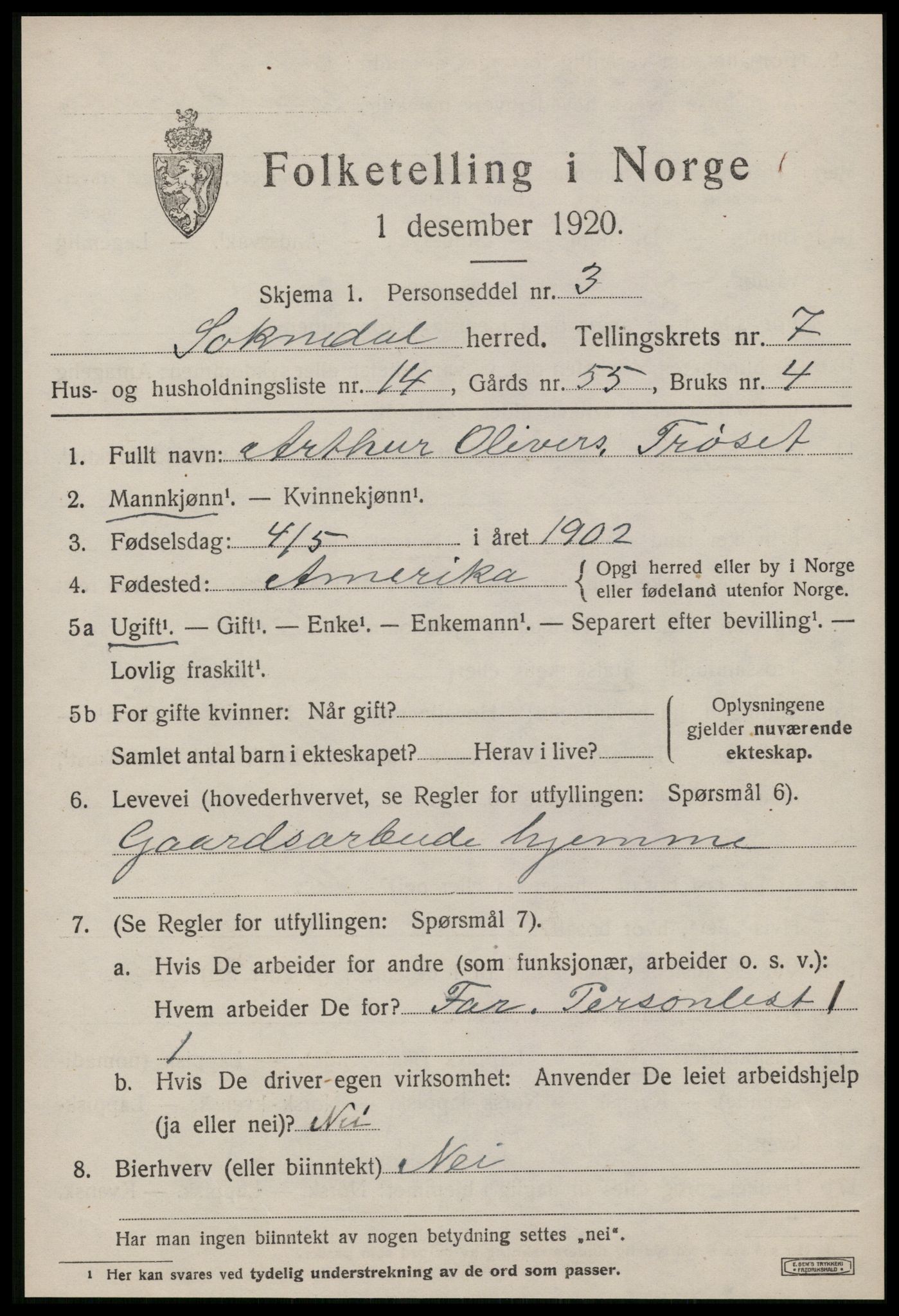 SAT, 1920 census for Soknedal, 1920, p. 3590