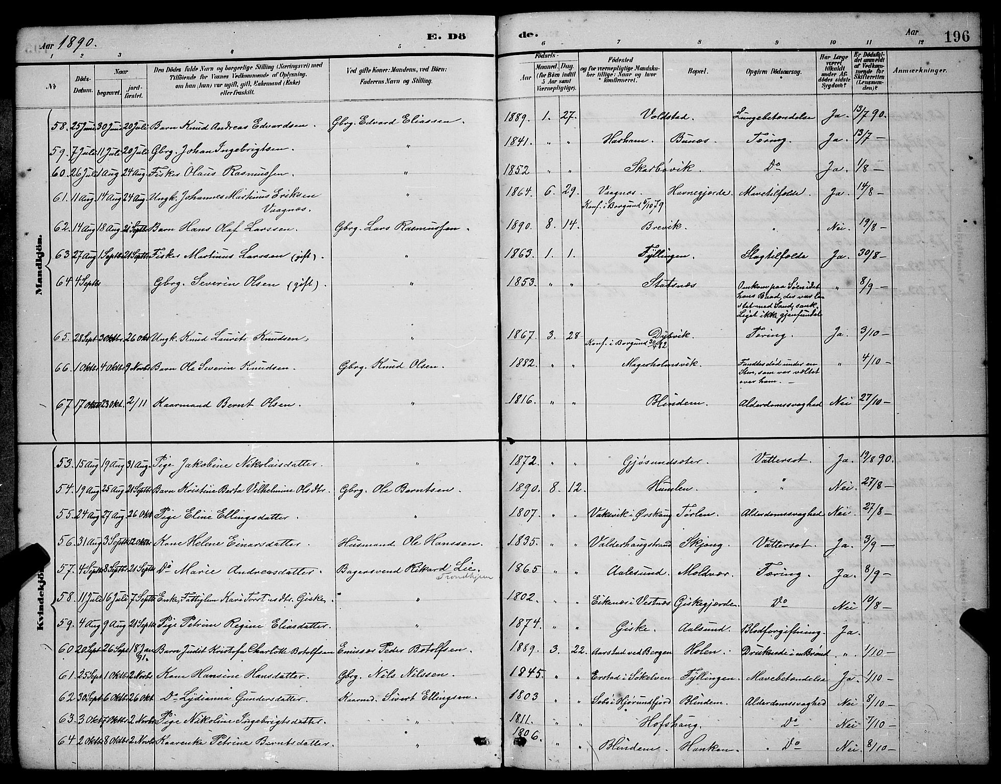 Ministerialprotokoller, klokkerbøker og fødselsregistre - Møre og Romsdal, SAT/A-1454/528/L0430: Parish register (copy) no. 528C11, 1884-1899, p. 196