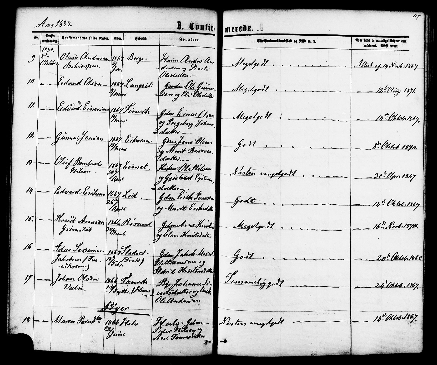 Ministerialprotokoller, klokkerbøker og fødselsregistre - Møre og Romsdal, AV/SAT-A-1454/587/L0999: Parish register (official) no. 587A01, 1864-1886, p. 127