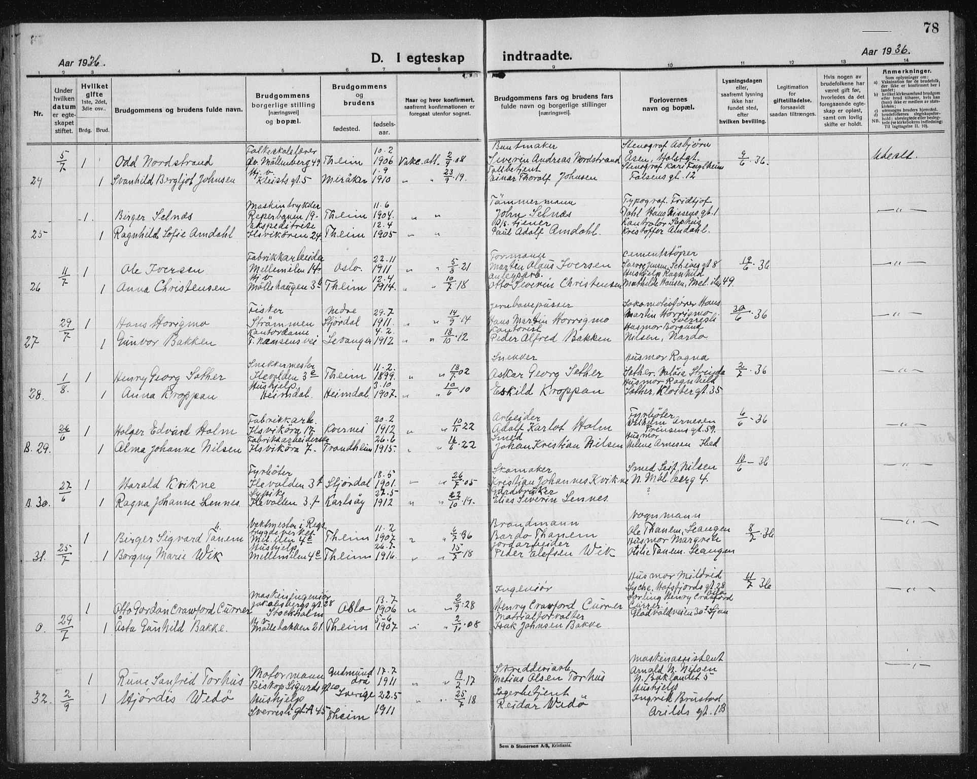 Ministerialprotokoller, klokkerbøker og fødselsregistre - Sør-Trøndelag, SAT/A-1456/603/L0176: Parish register (copy) no. 603C04, 1923-1941, p. 78
