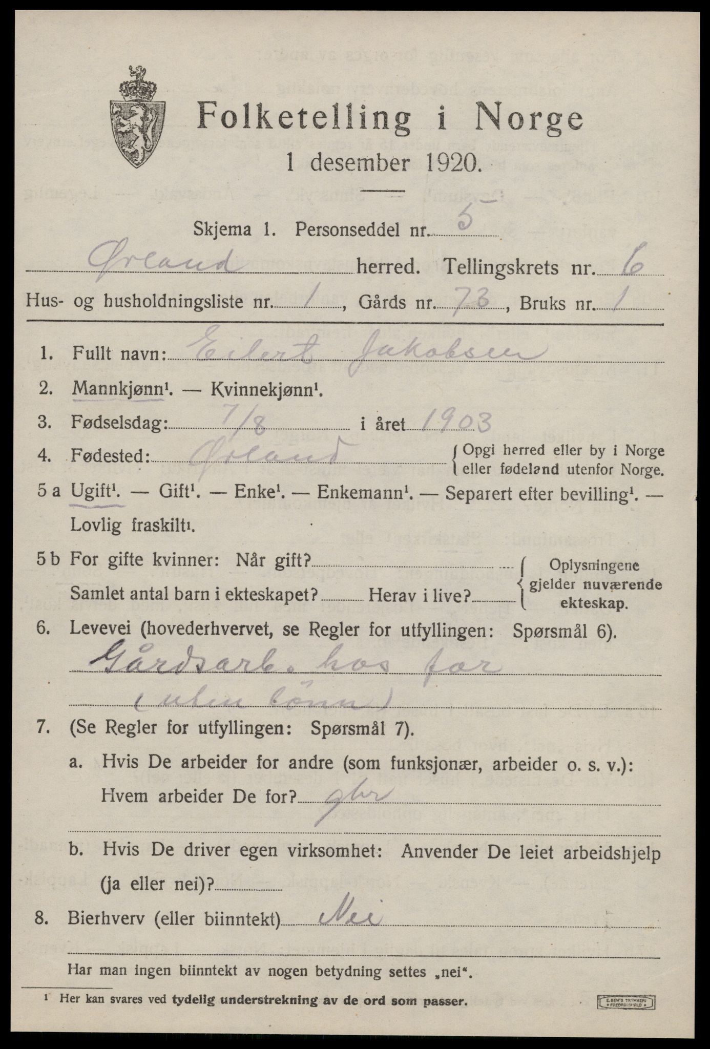 SAT, 1920 census for Ørland, 1920, p. 4943