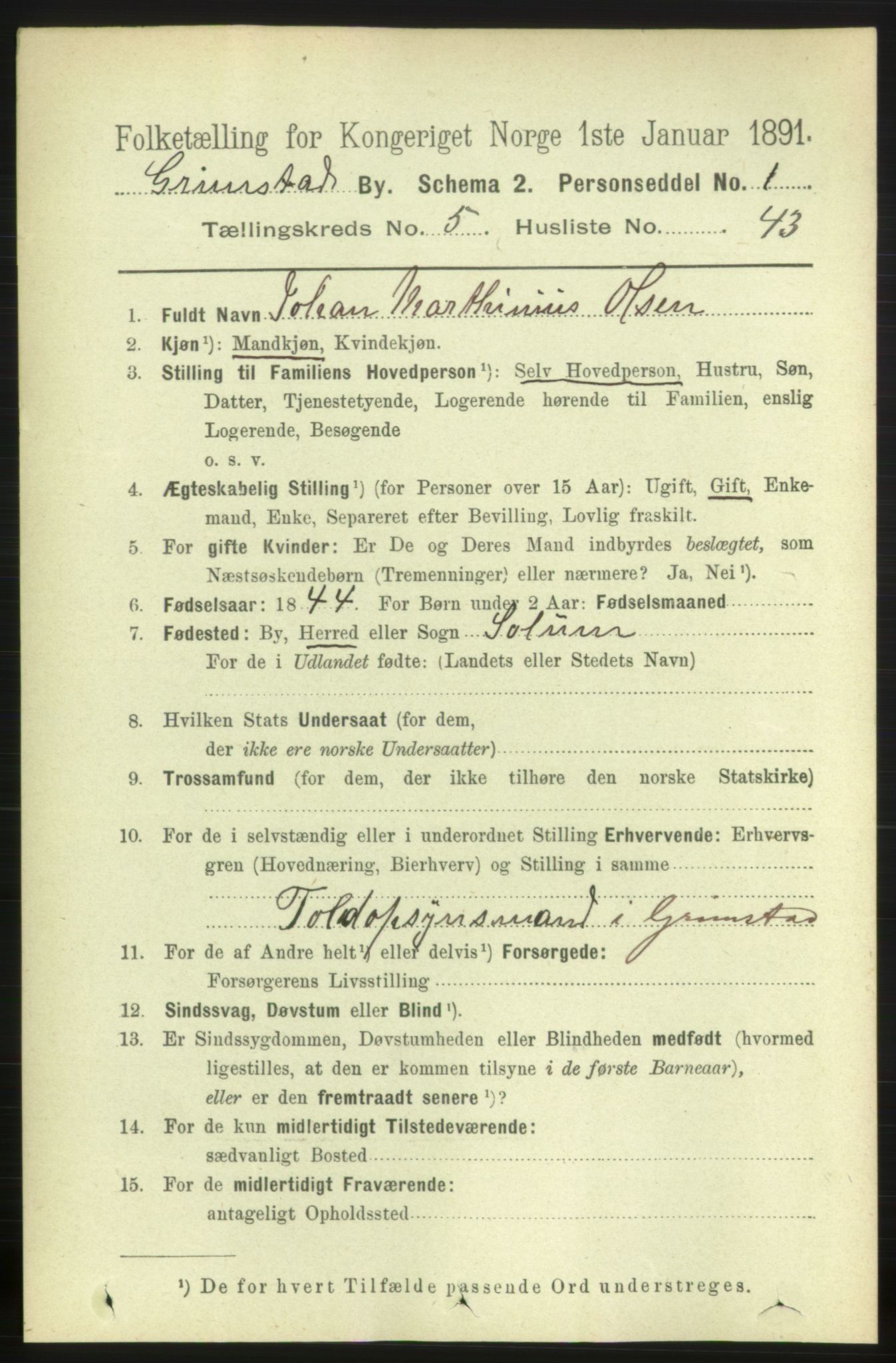 RA, 1891 census for 0904 Grimstad, 1891, p. 3366