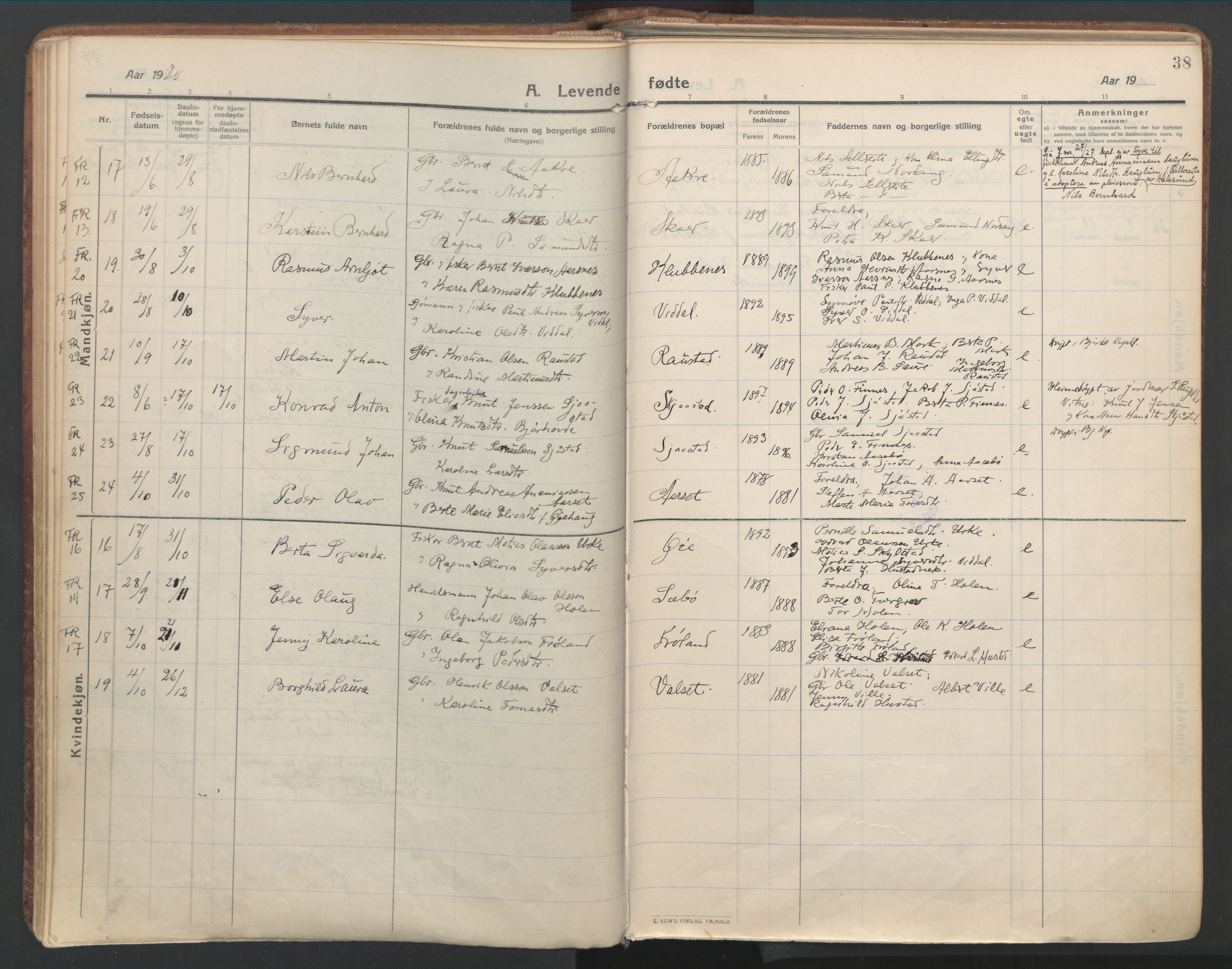 Ministerialprotokoller, klokkerbøker og fødselsregistre - Møre og Romsdal, AV/SAT-A-1454/515/L0212: Parish register (official) no. 515A08, 1911-1935, p. 38